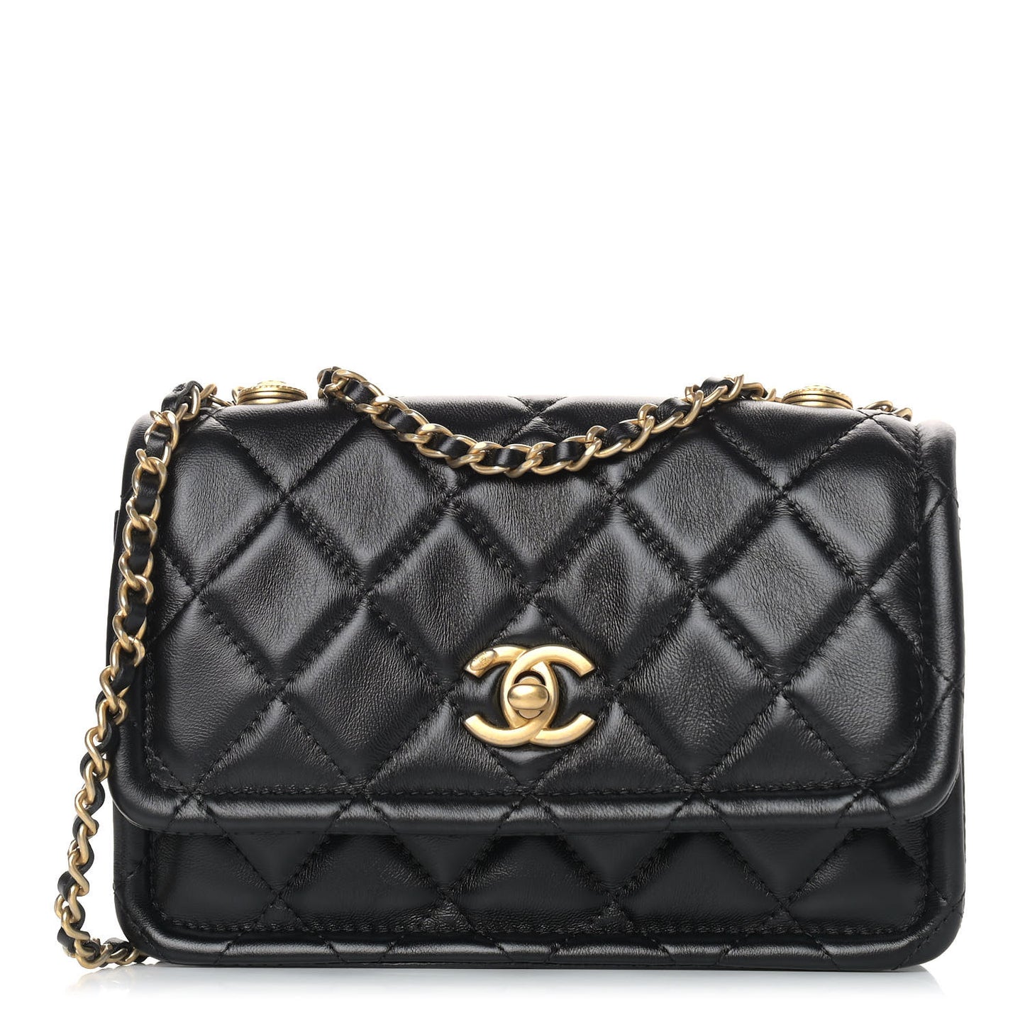 Shiny Lambskin Quilted Mini Flap Black