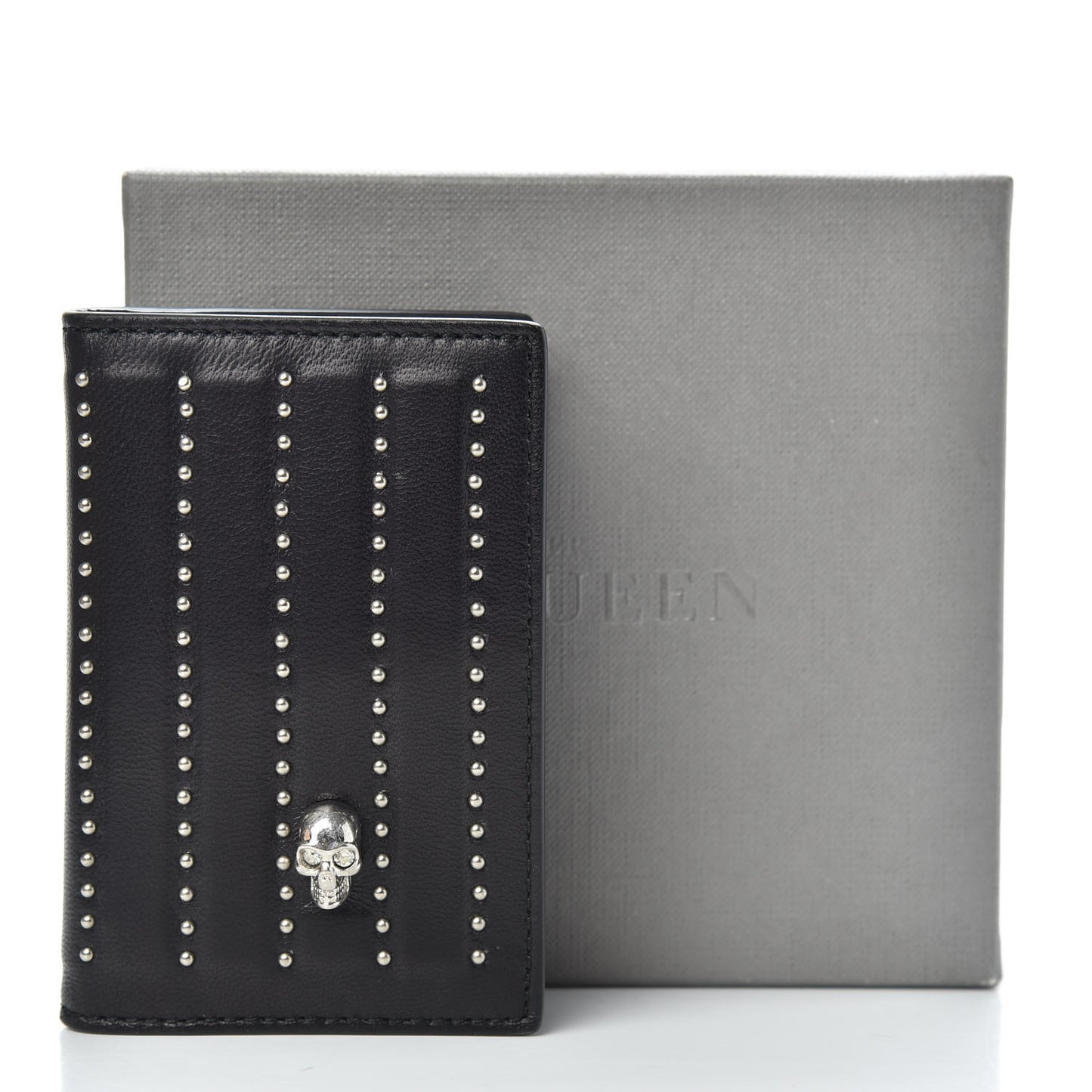 Calfskin Studded Skull Card Holder Black