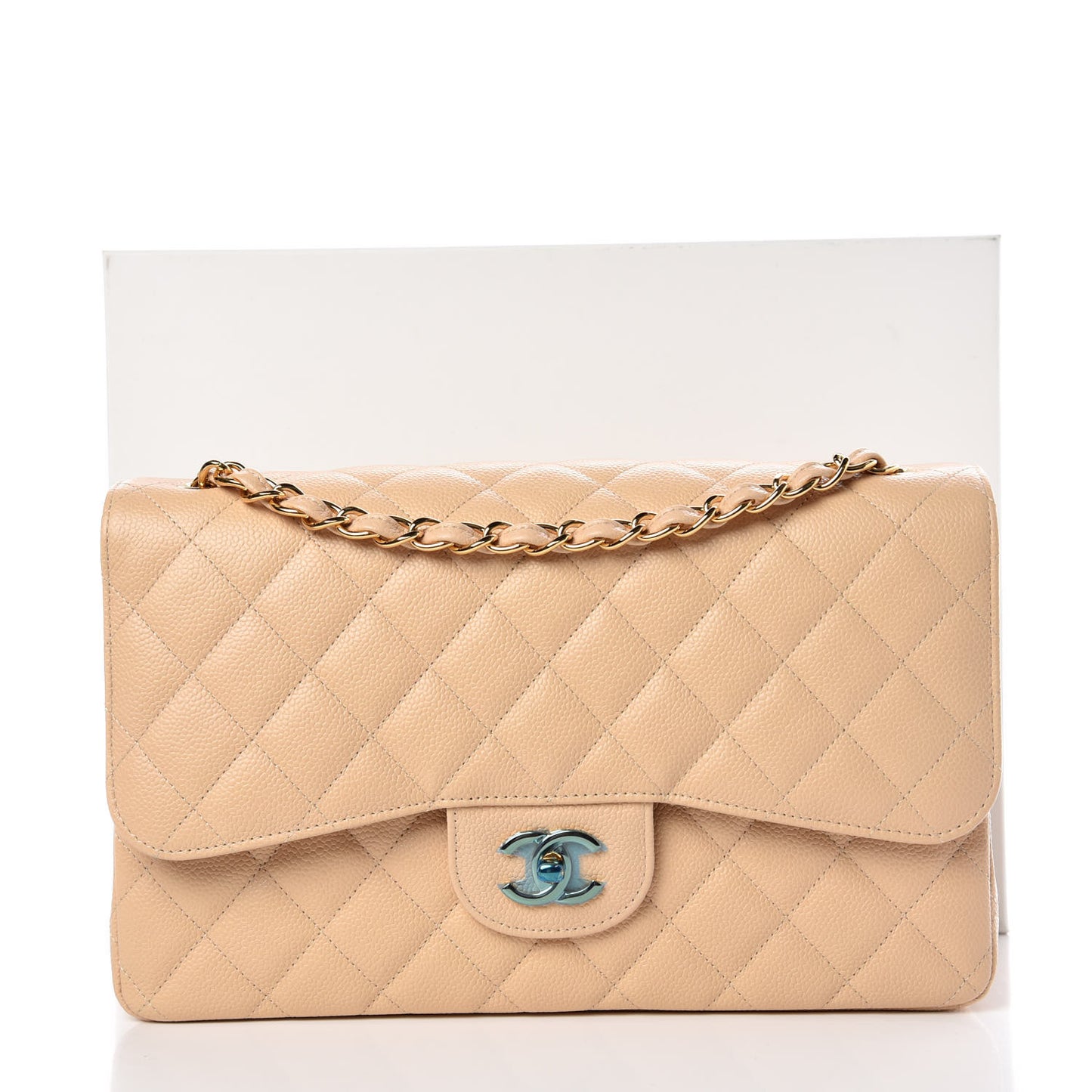 Caviar Quilted Jumbo Double Flap Beige Clair