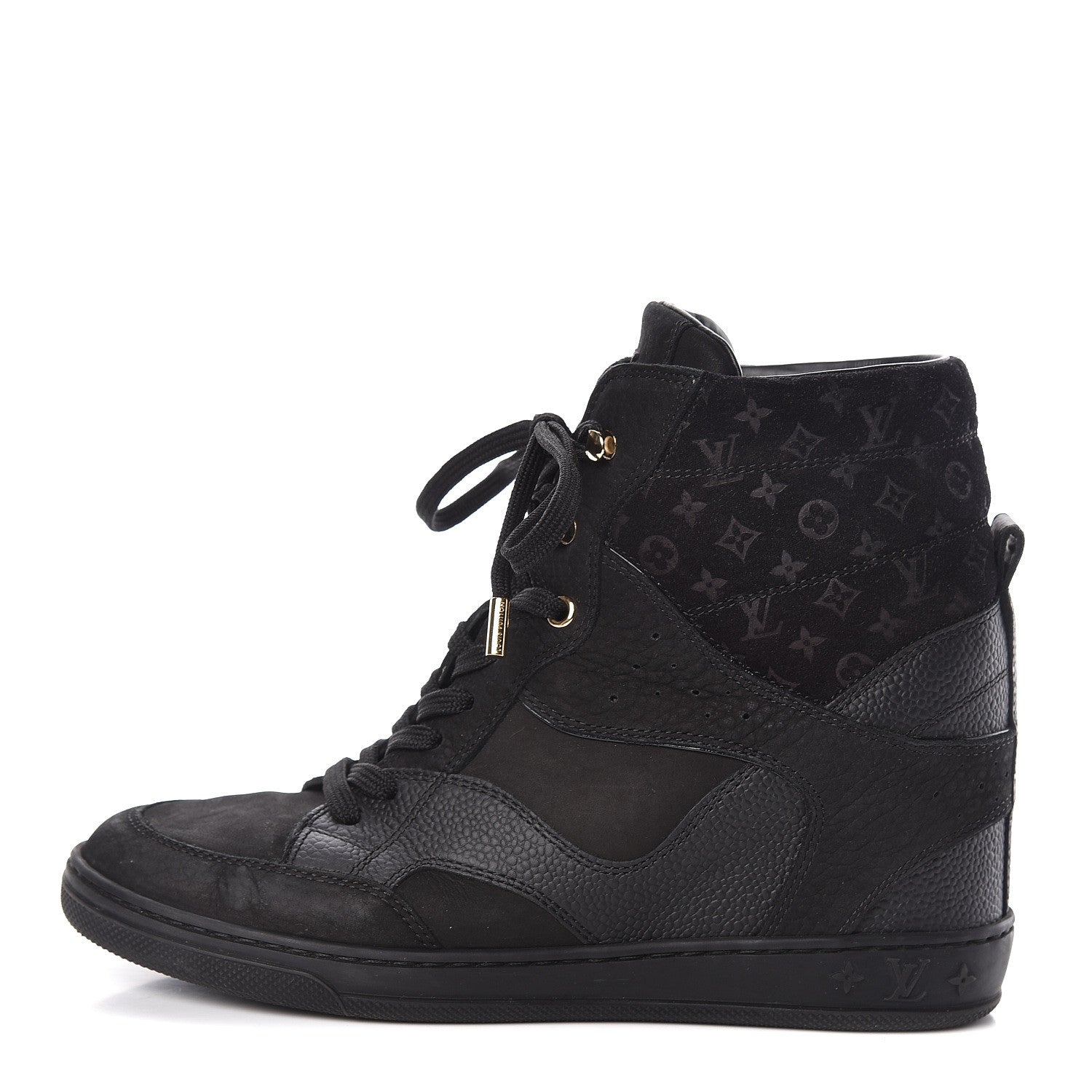 Louis Vuitton Calfskin Suede Monogram Cliff Top Wedge Sneakers 38 Black 1 of 10