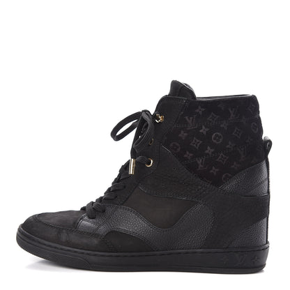 Louis Vuitton Calfskin Suede Monogram Cliff Top Wedge Sneakers 38 Black 1 of 10