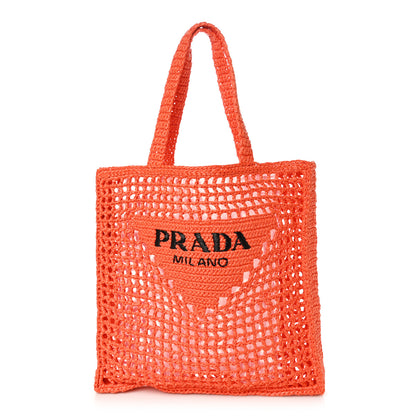 Prada Yarn Raffia Effect Crochet Logo Embroidered Tote Bag Arancio 1 of 6