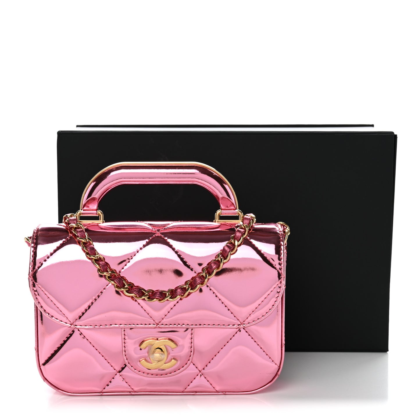 Mirror Metallic Calfskin Quilted Mini Top Handle Flap Pink