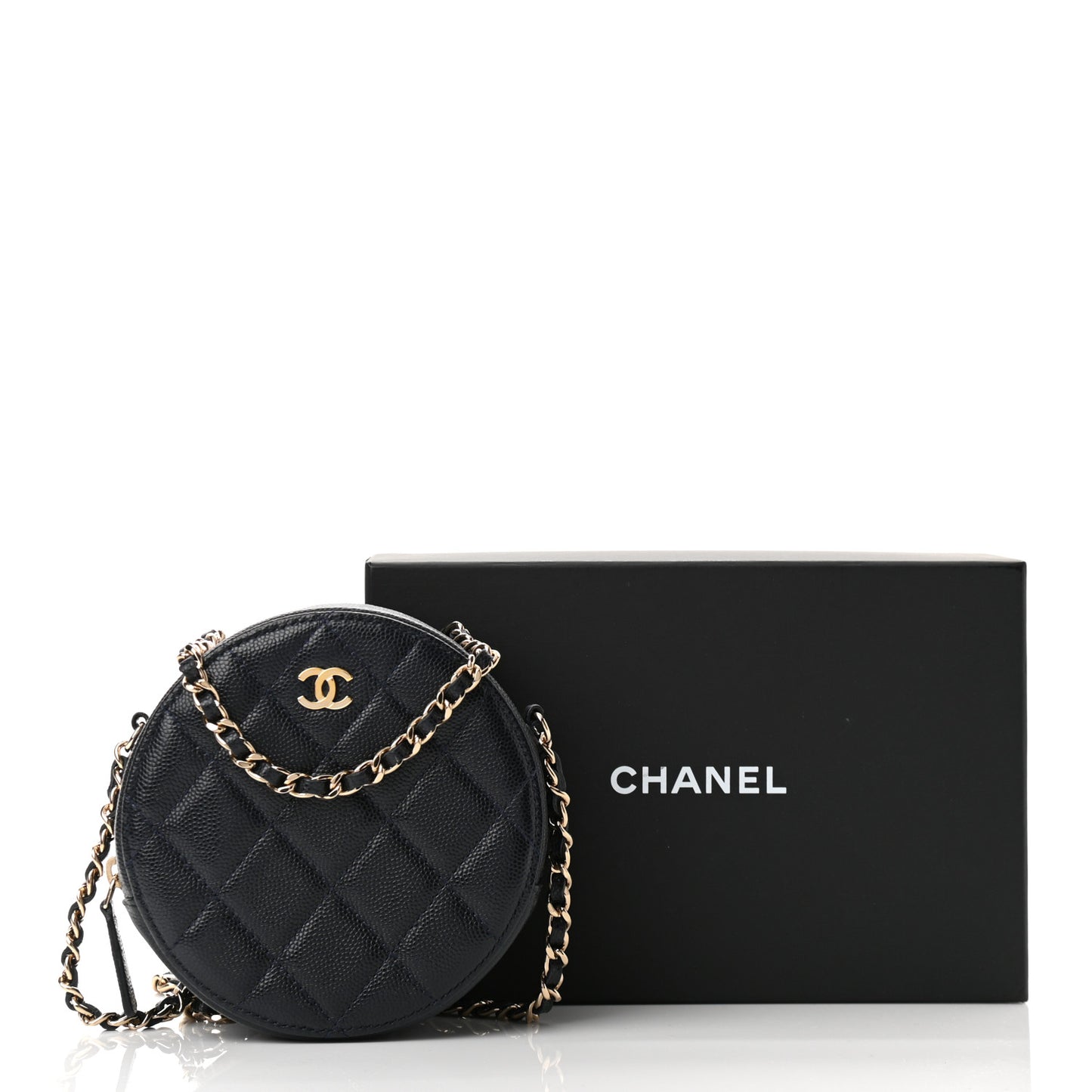 Caviar Quilted Round Clutch With Chain Black