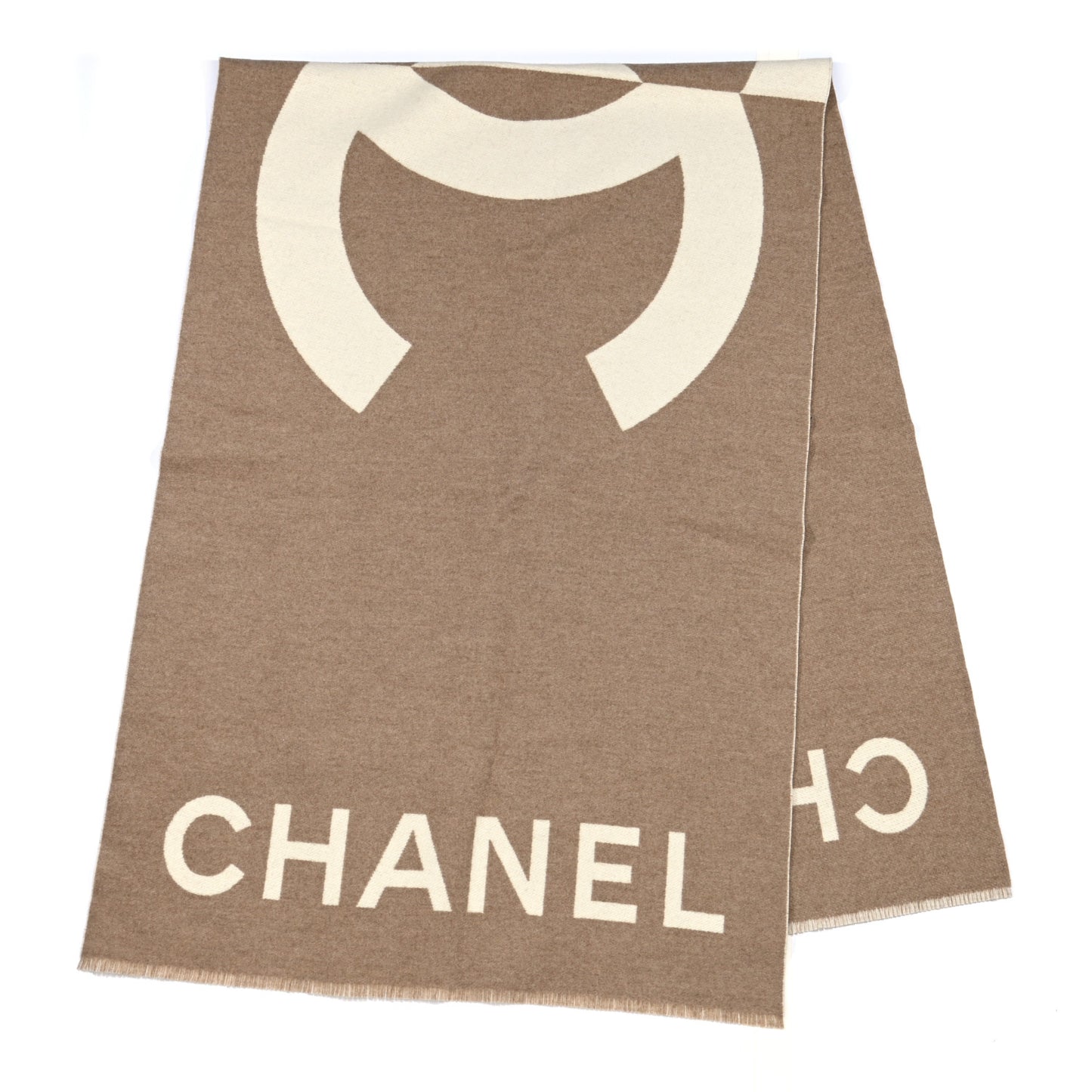 Cashmere CC Fringe Stole Beige White