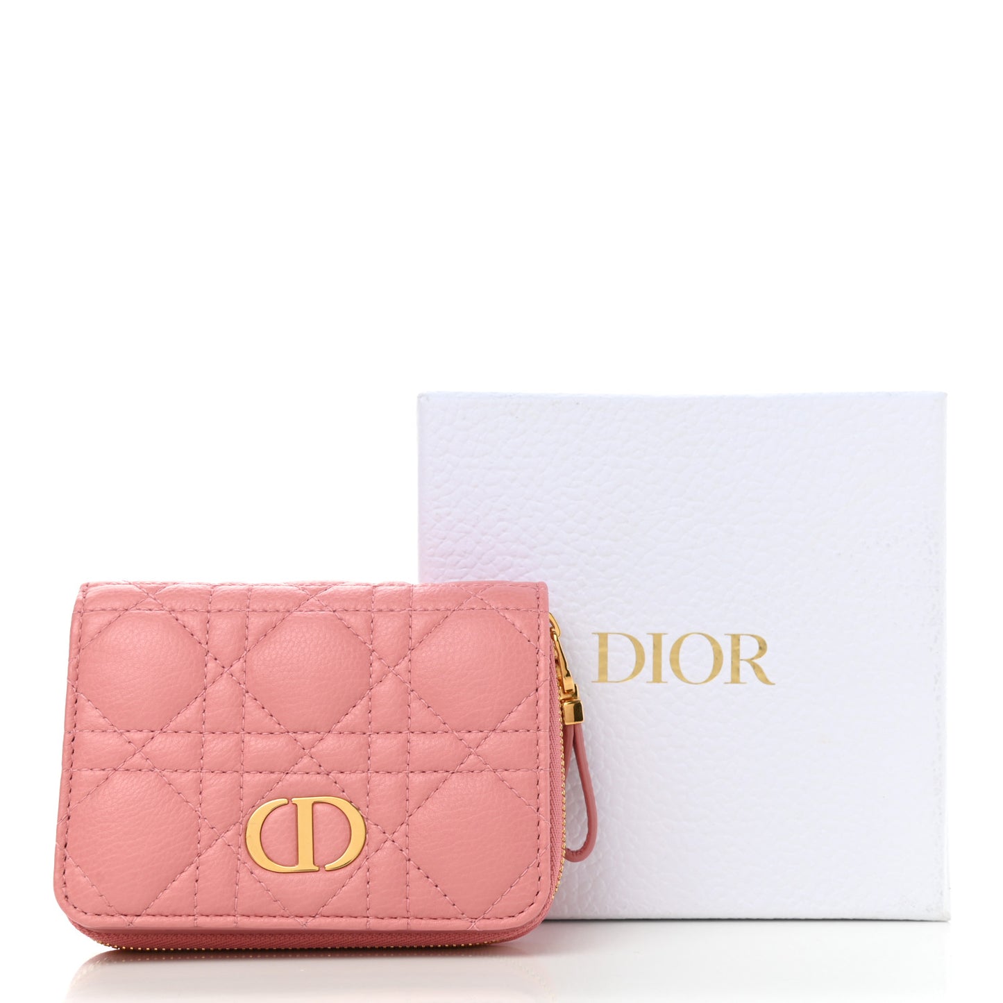 Grained Calfskin Supple Cannage Caro Compact Zipped Wallet Pink