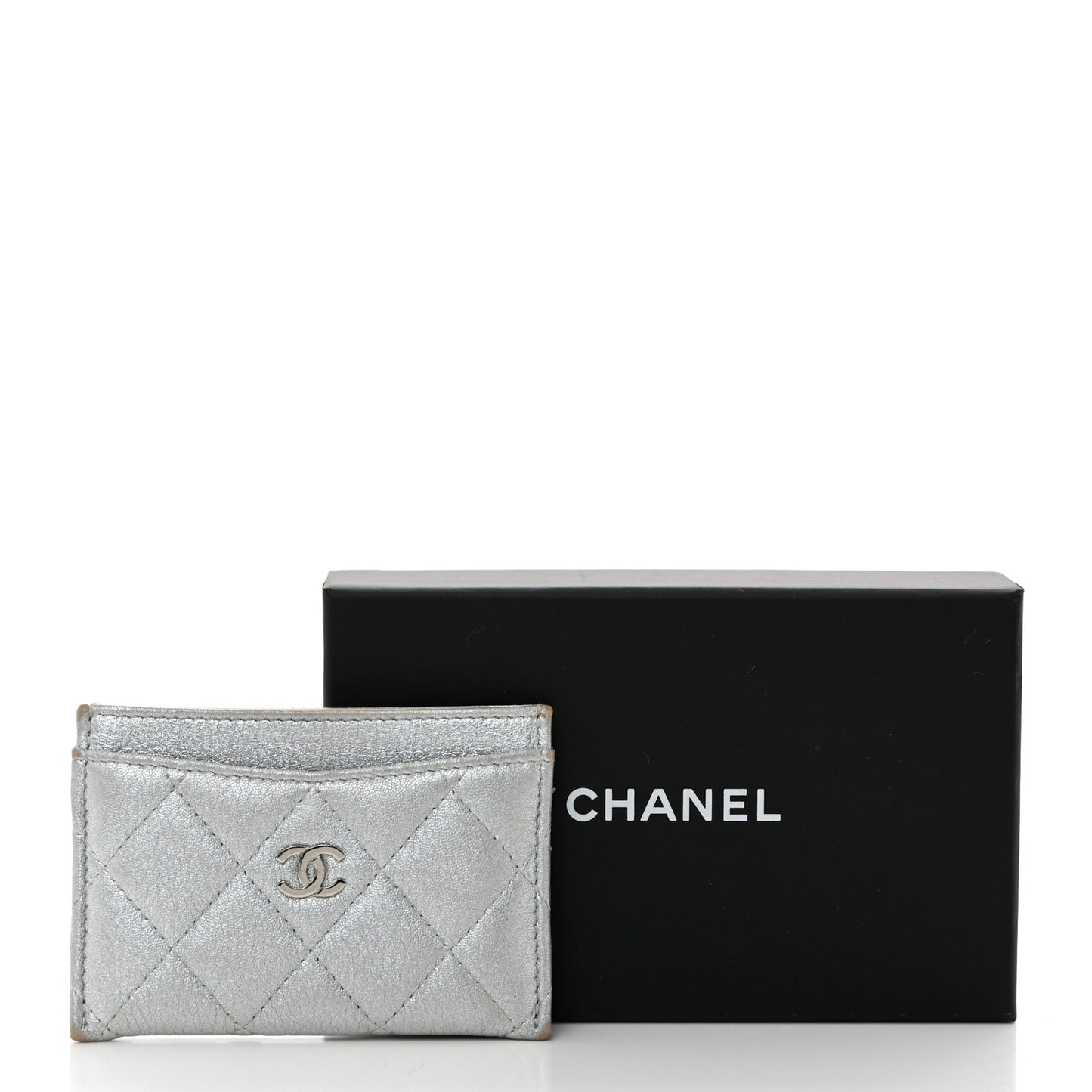 Metallic Lambskin Quilted Card Holder Silver