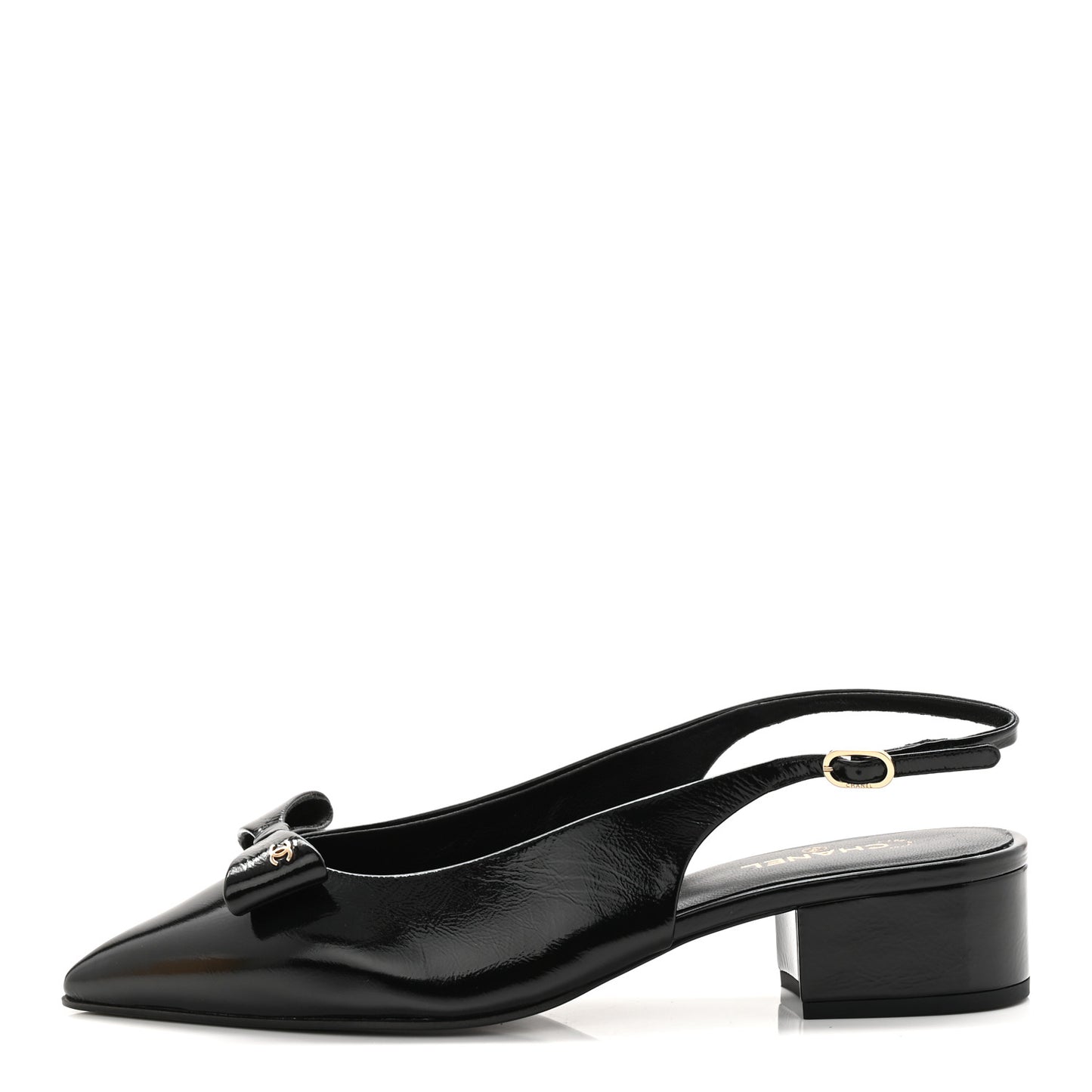 Crumpled Patent Calfskin CC Bow Slingback Pumps 37.5 Black