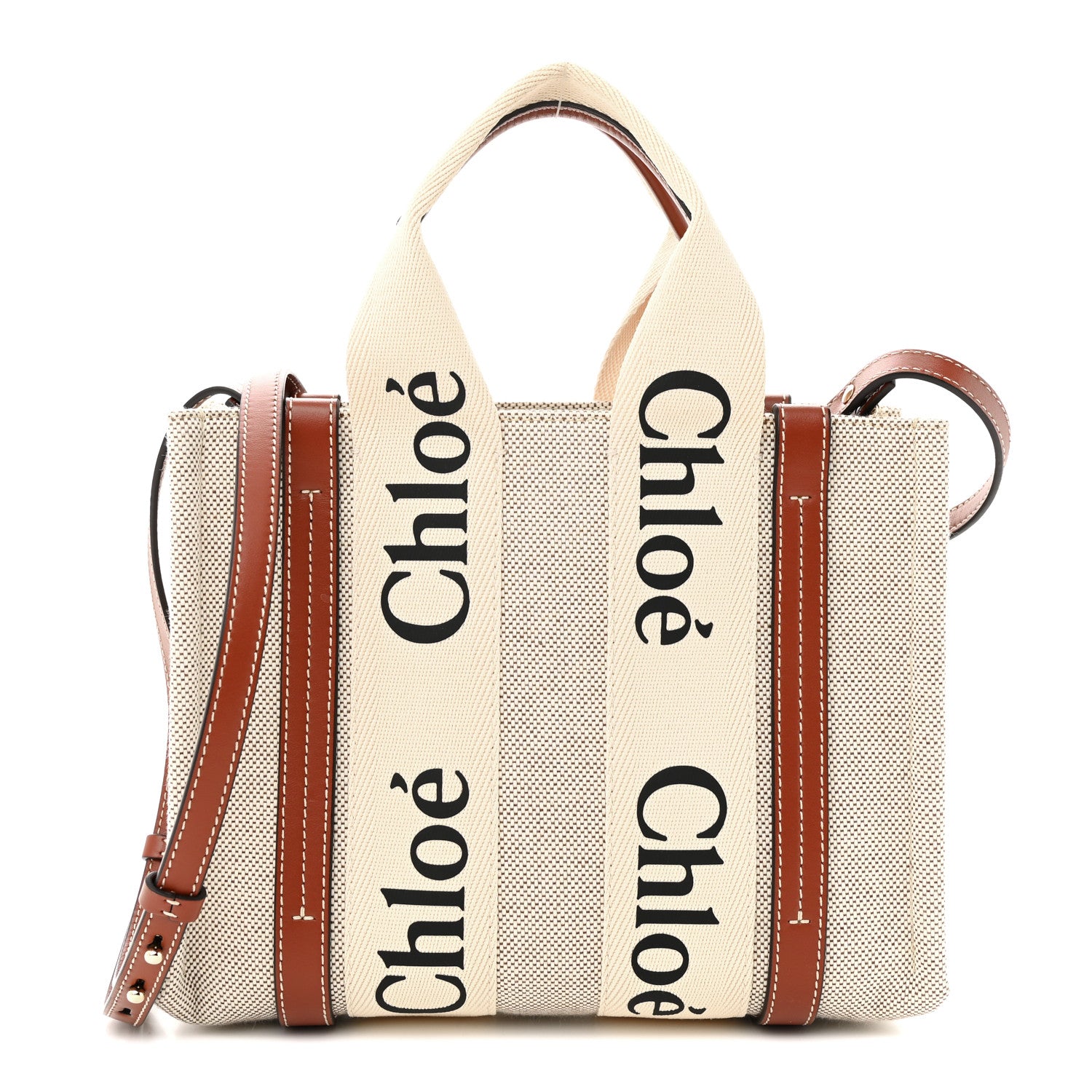 Chloe Cotton Calfskin Small Woody Ribbon Tote With Strap White Brown 1 of 10