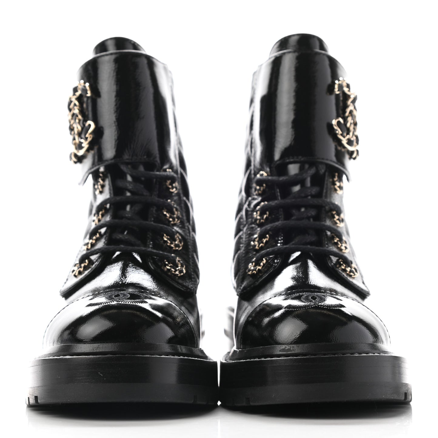 Shiny Lambskin Quilted Lace Up Combat Boots 35 Black