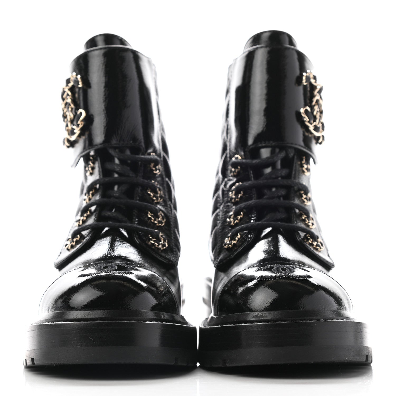 Chanel Shiny Lambskin Quilted Lace Up Combat Boots 35 Black 2 of 12