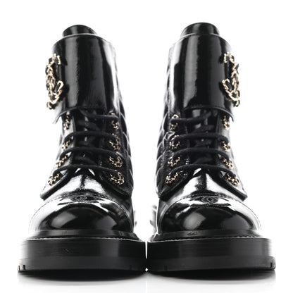 Chanel Shiny Lambskin Quilted Lace Up Combat Boots 35 Black 2 of 12