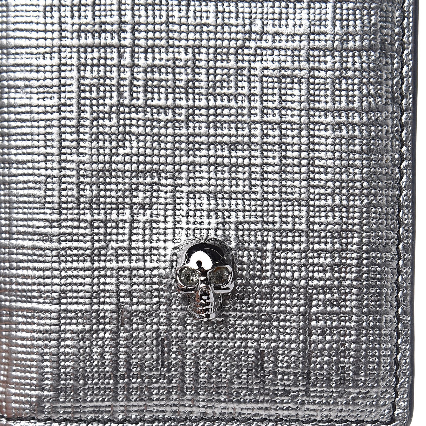 Metallic Textured Calfskin Skull Bi Fold Card Holder Silver