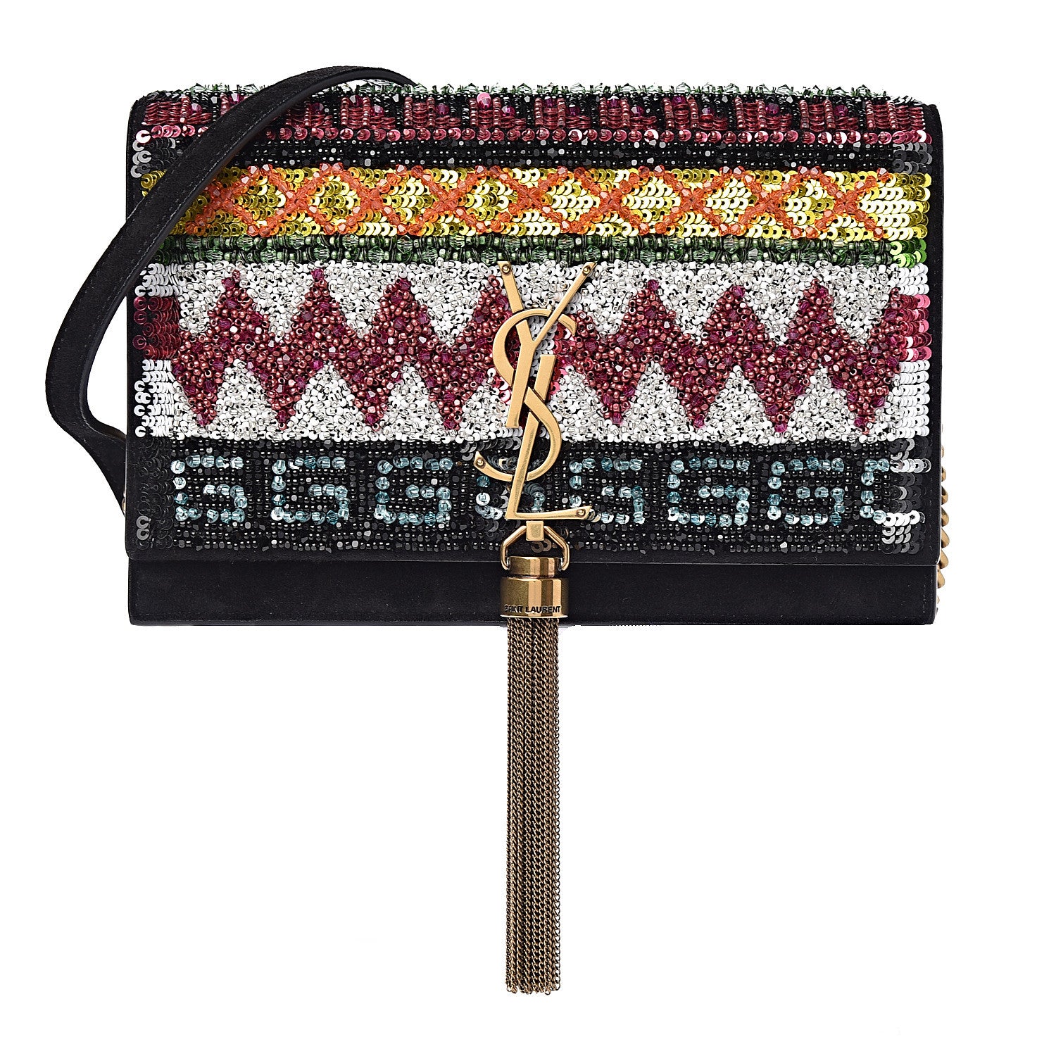 Saint Laurent Suede Sequin Bead Embellished Classic Monogram Kate Tassel Chain Wallet Black Multicolor 1 of 10