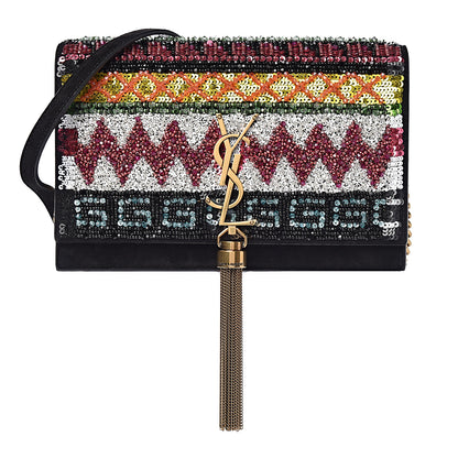Saint Laurent Suede Sequin Bead Embellished Classic Monogram Kate Tassel Chain Wallet Black Multicolor 1 of 10