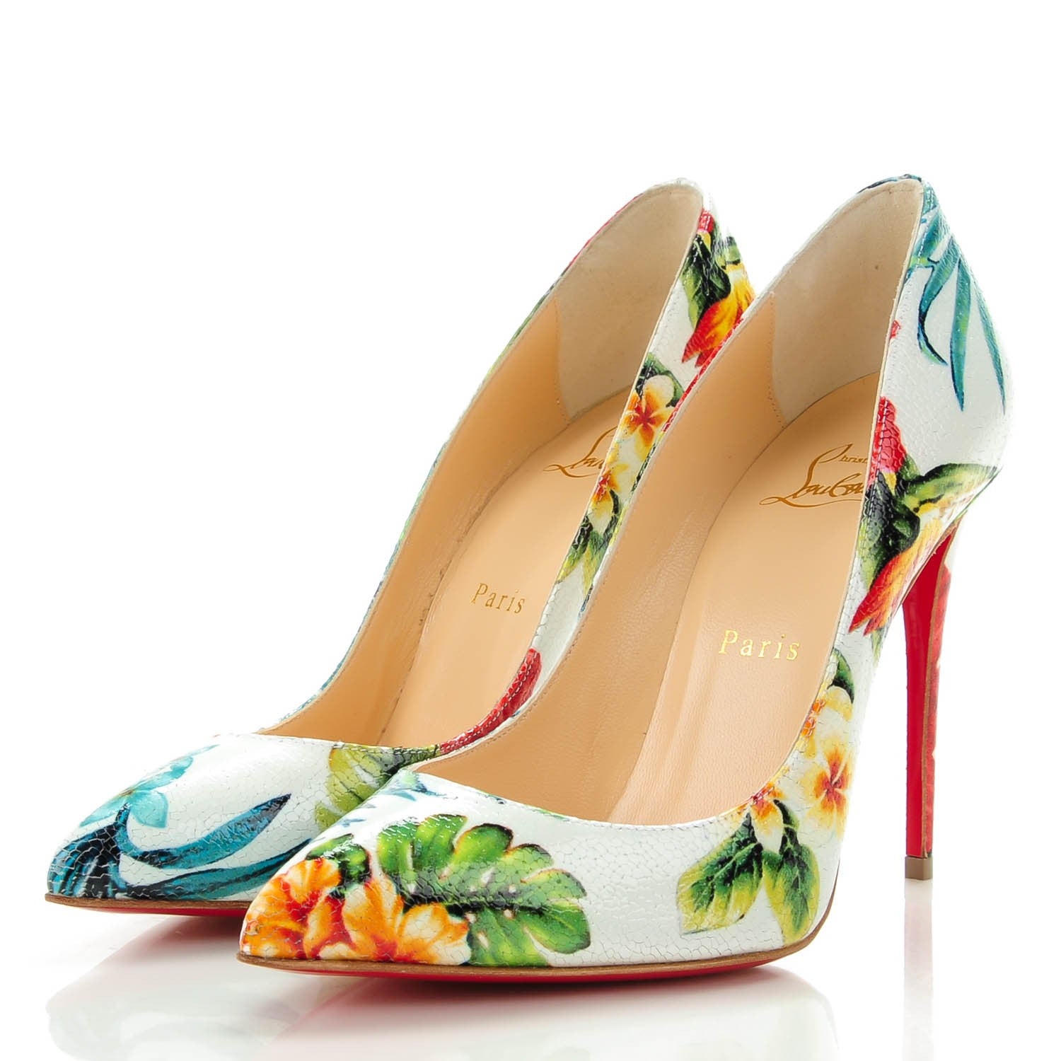 Christian Louboutin Crackled Calfskin Hawaiian Print Pigalle Follies 100 Pumps 37.5 White 3 of 7