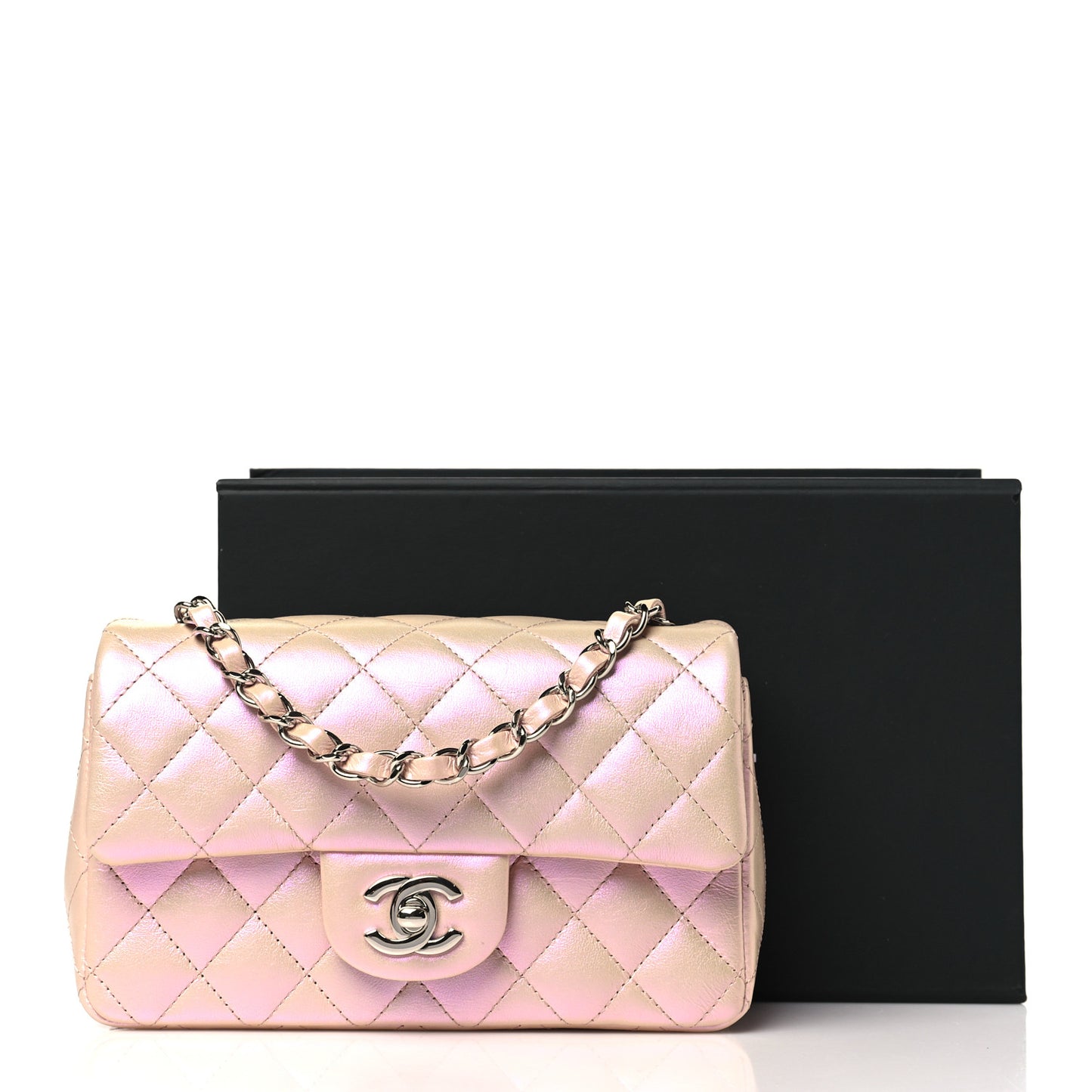 Iridescent Calfskin Quilted Mini Rectangular Flap Pink
