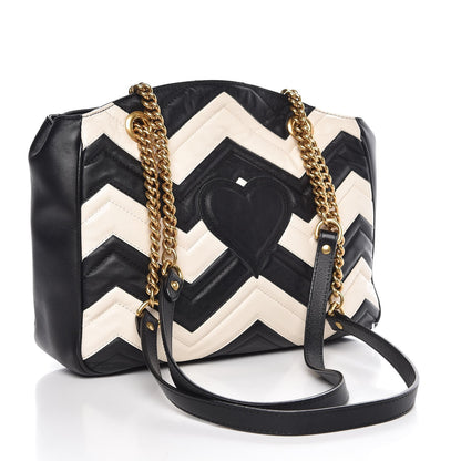 Gucci Calfskin Matelasse Medium GG Marmont Open Top Shoulder Bag Black White 3 of 8