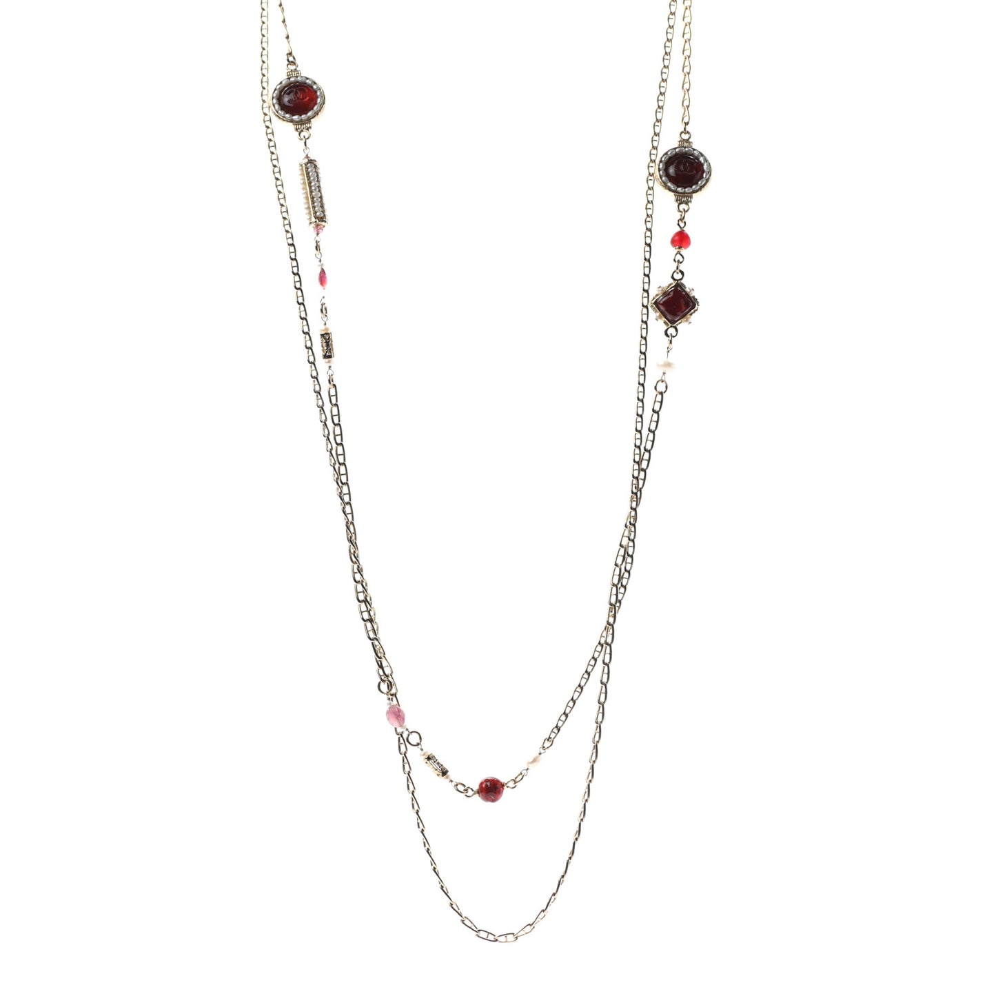 Pearl Resin Long Necklace Gold Red
