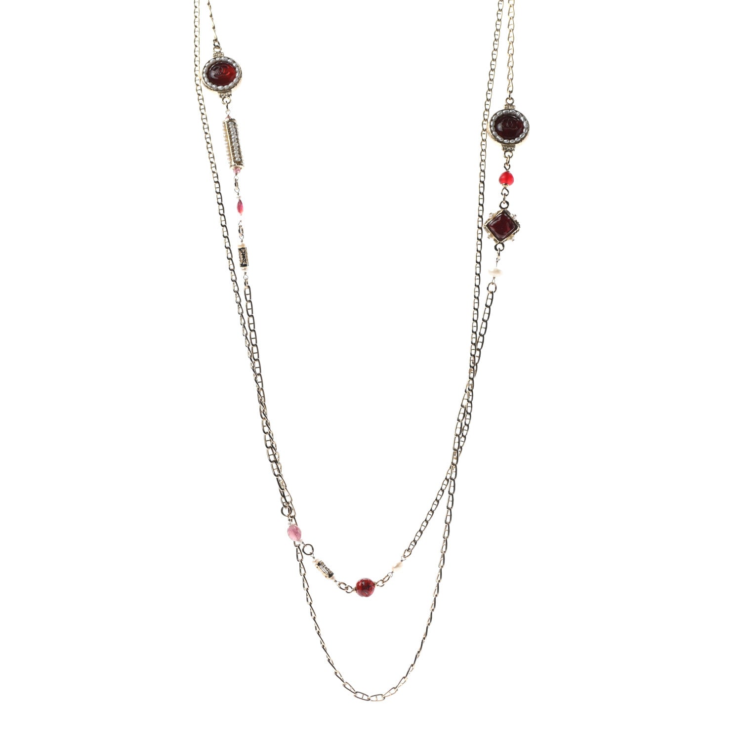 Chanel Pearl Resin Long Necklace Gold Red 1 of 6