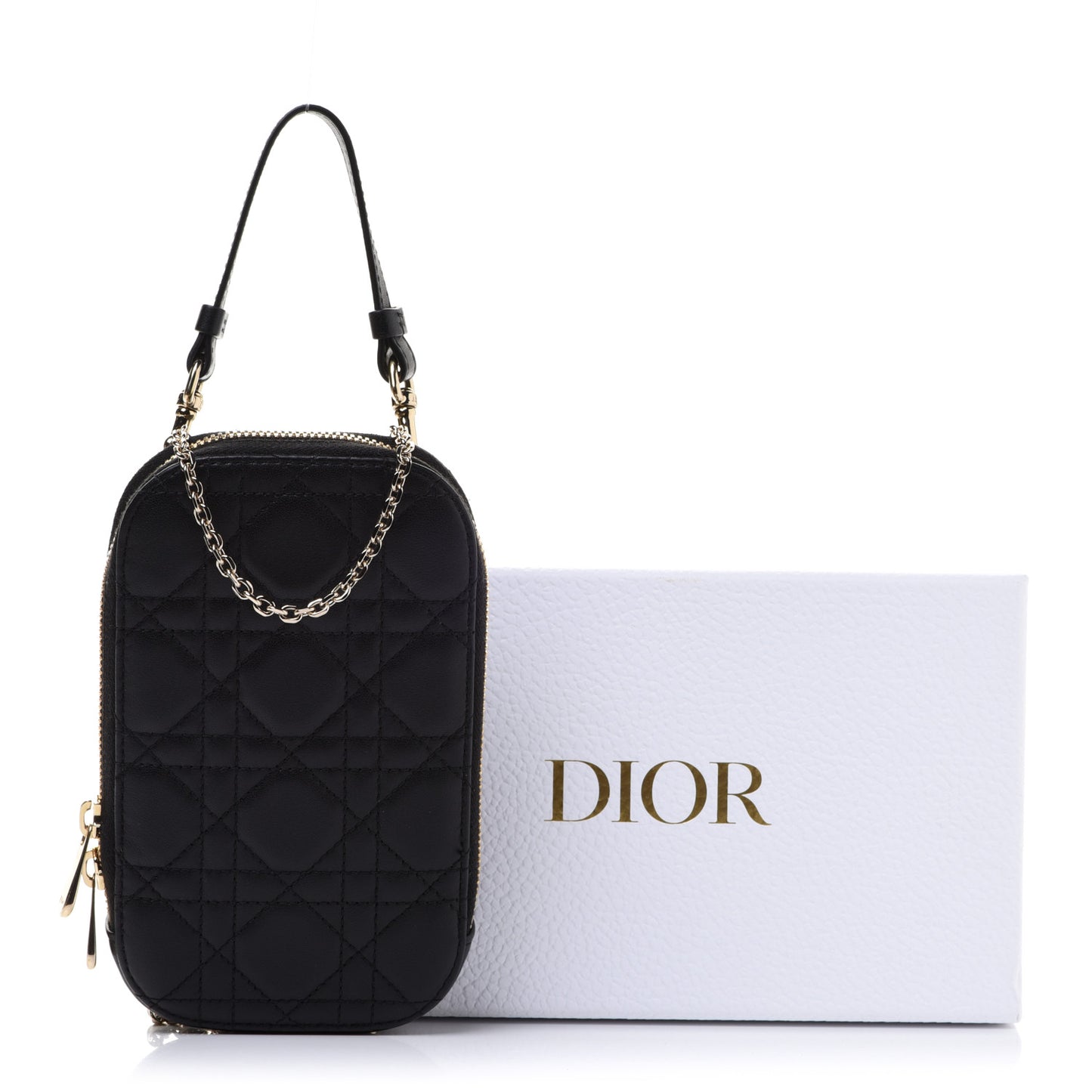 Lambskin Cannage Lady Dior Phone Holder Black