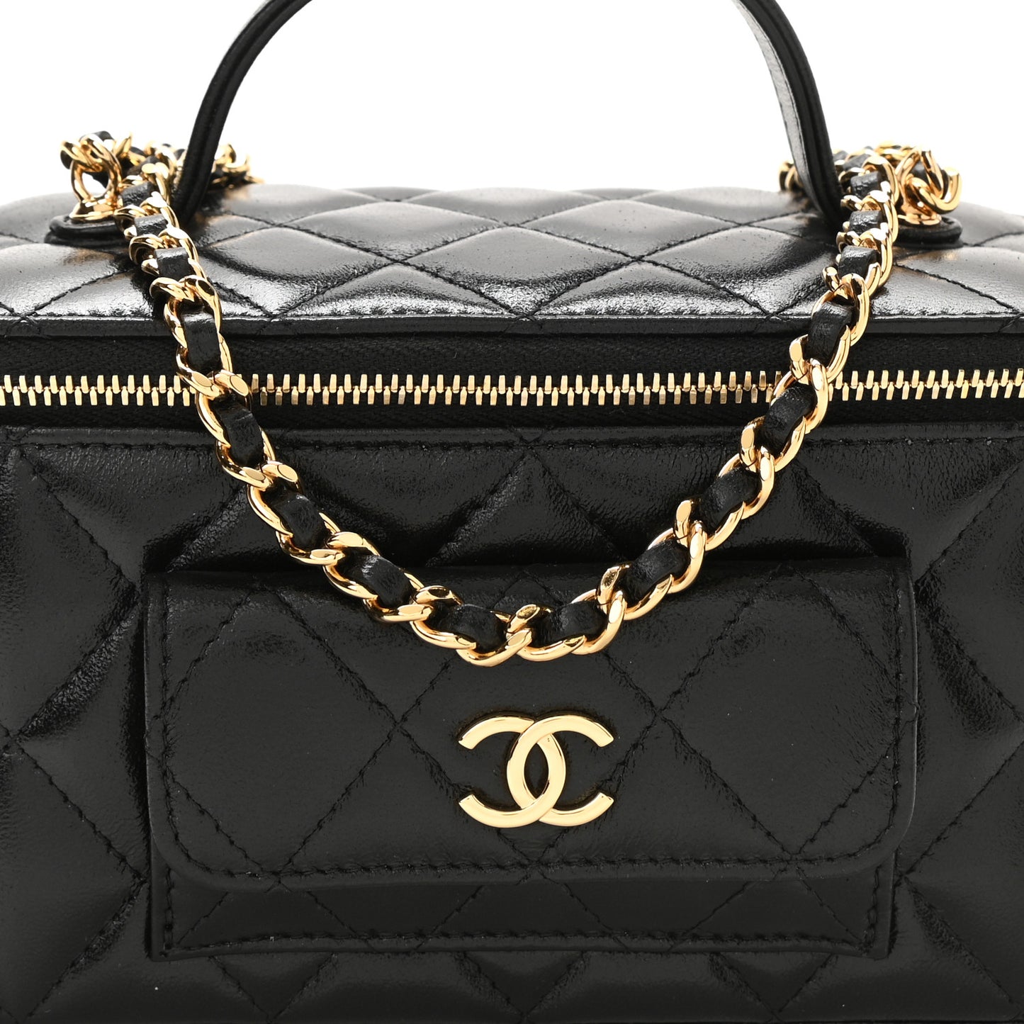 Lambskin Quilted Polly Pocket East West Top Vanity With Chain Black