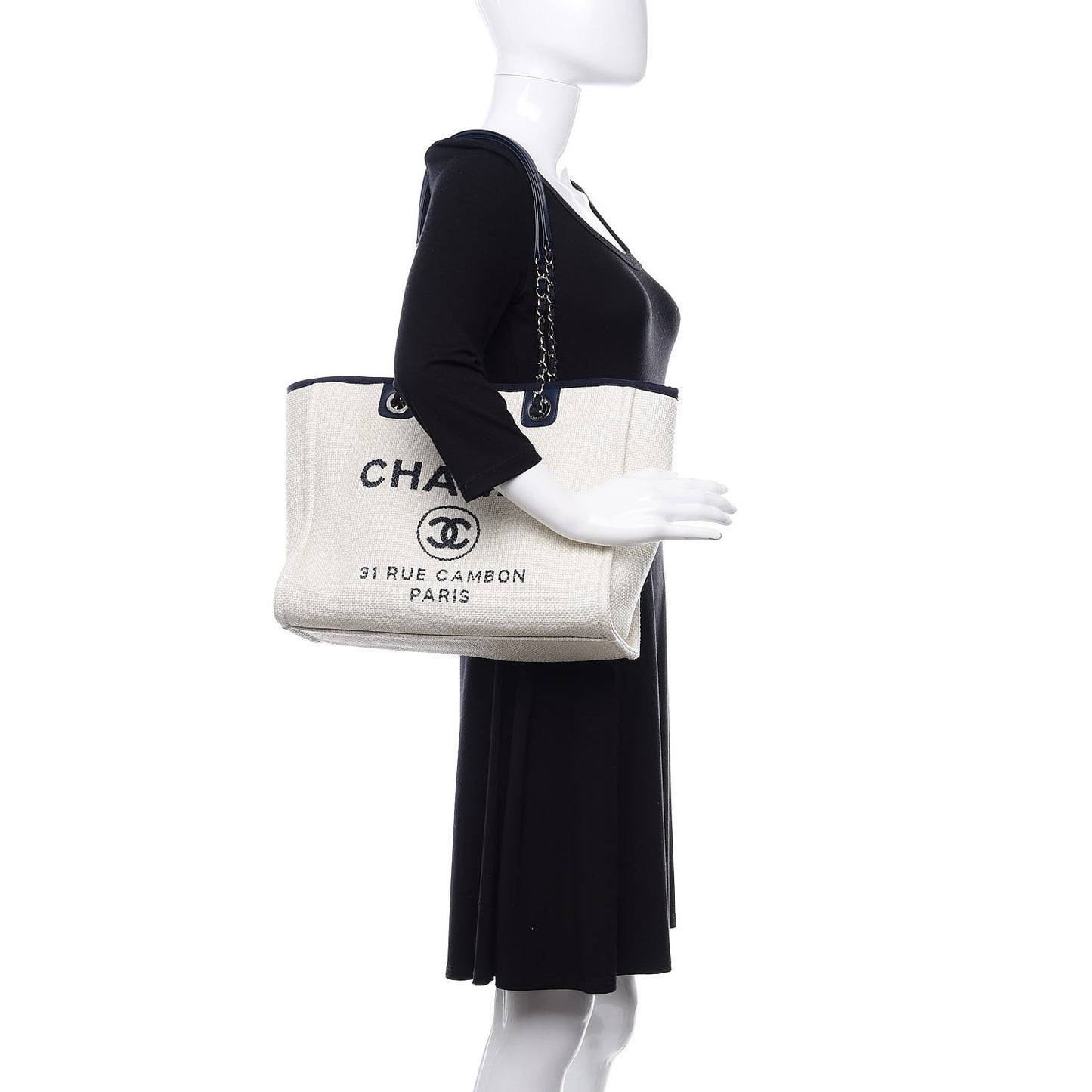 Woven Straw Raffia Small Deauville Tote White Navy