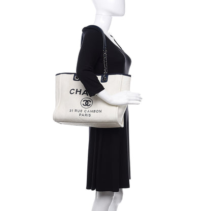 Chanel Woven Straw Raffia Small Deauville Tote White Navy 2 of 10