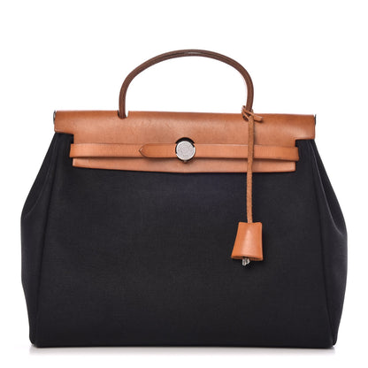 Hermes Toile Vache Calfskin Herbag 30 PM Black Natural 1 of 13