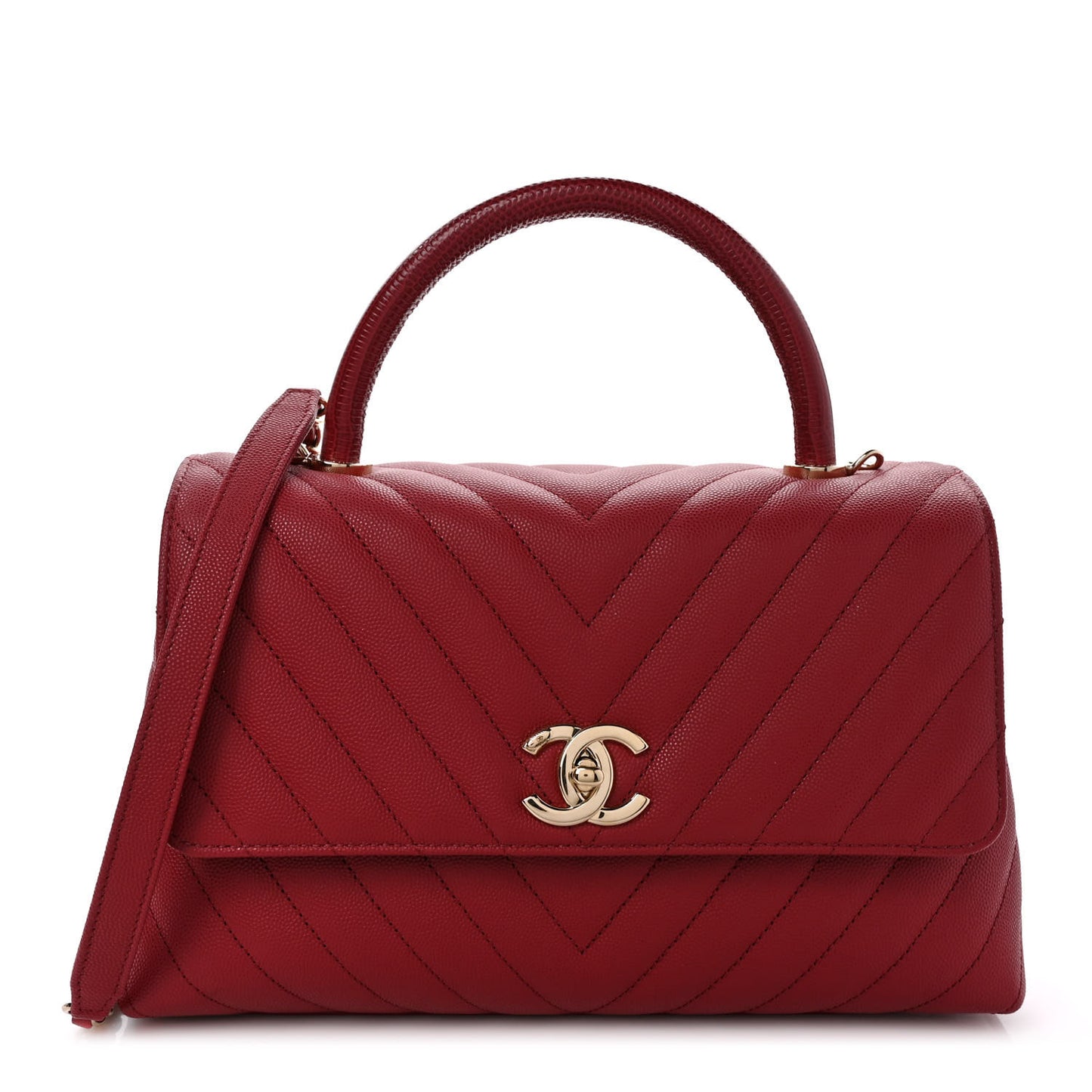 Caviar Lizard Chevron Quilted Small Coco Handle Flap Red
