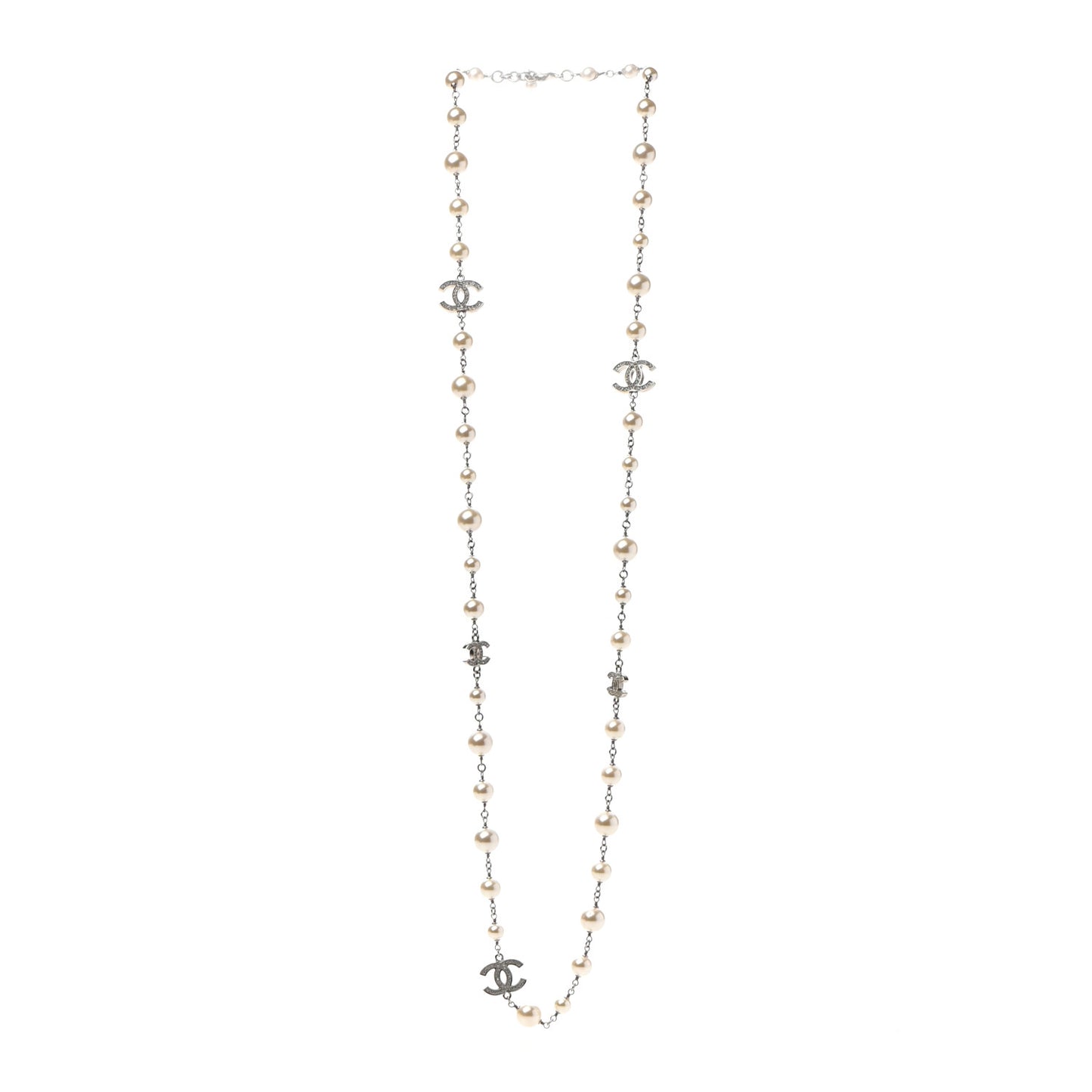 Graduated Pearl Crystal CC Long Necklace Silver