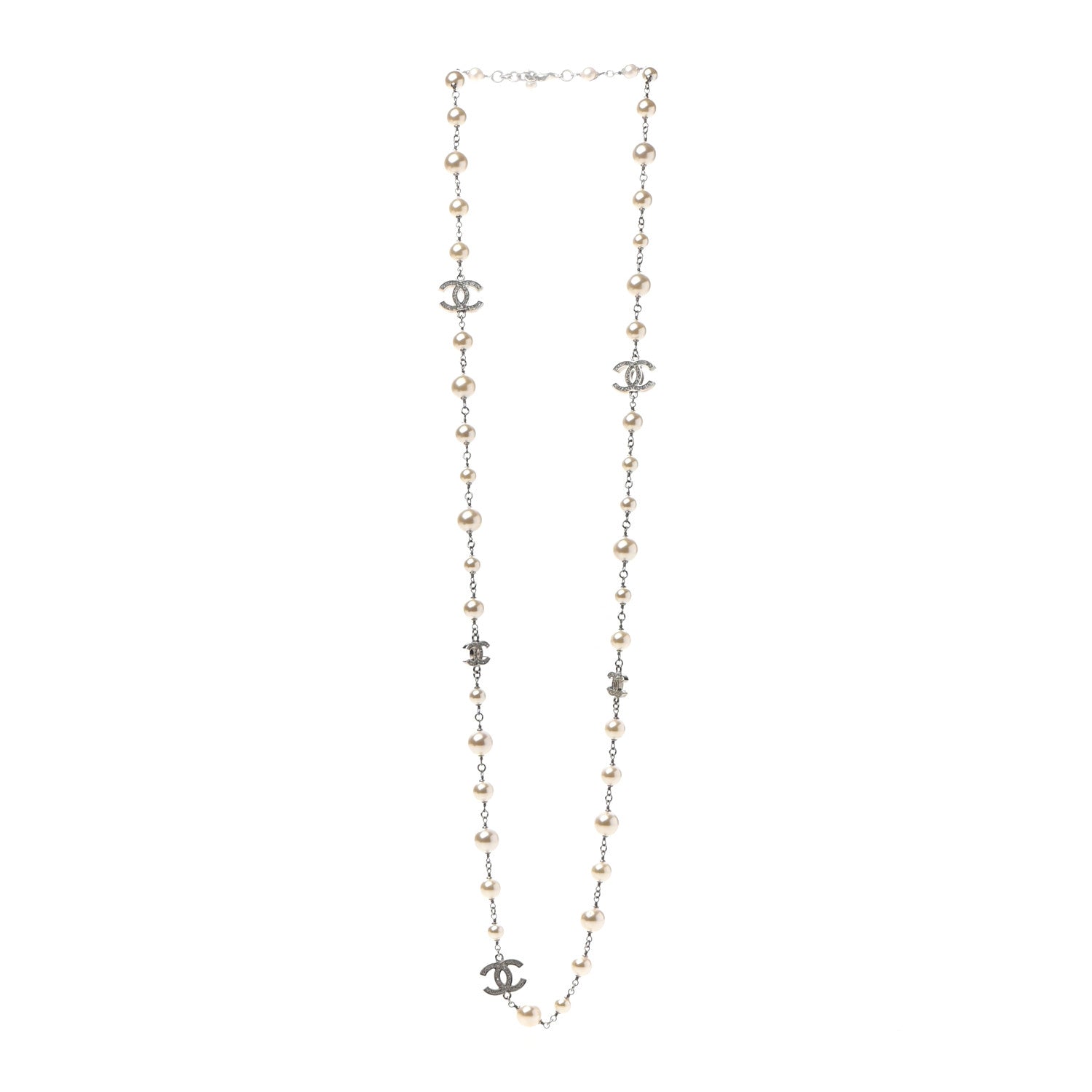 Chanel Graduated Pearl Crystal CC Long Necklace Silver 3 of 7