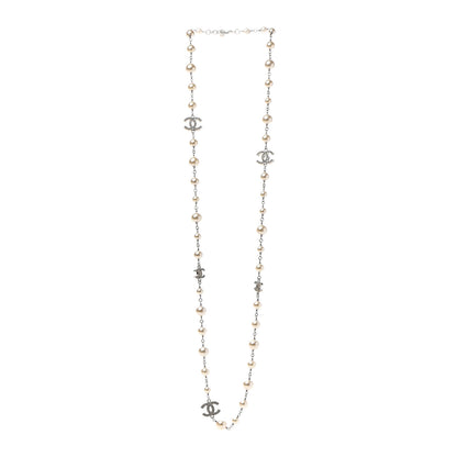 Chanel Graduated Pearl Crystal CC Long Necklace Silver 3 of 7