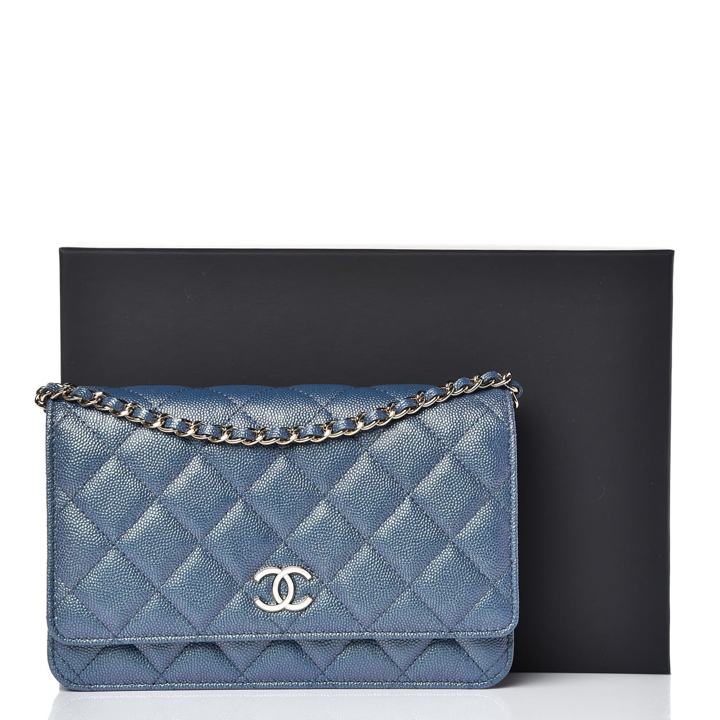 Iridescent Caviar Quilted Wallet On Chain WOC Dark Blue