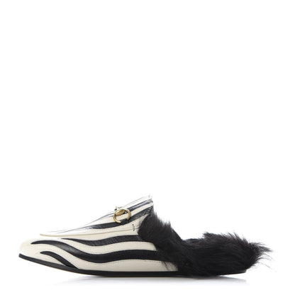 Gucci Malaga Kid Fur Zebra Inlay Womens Princetown Slippers 37 Mystic White Black 1 of 9