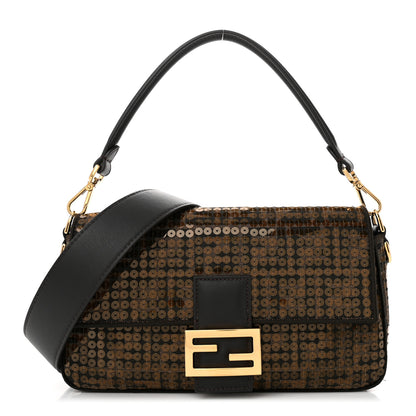 Fendi Fabric Jacquard Paillettes Vitello Seta FF 1974 Baguette Testa di Moro Real Ebano 1 of 11