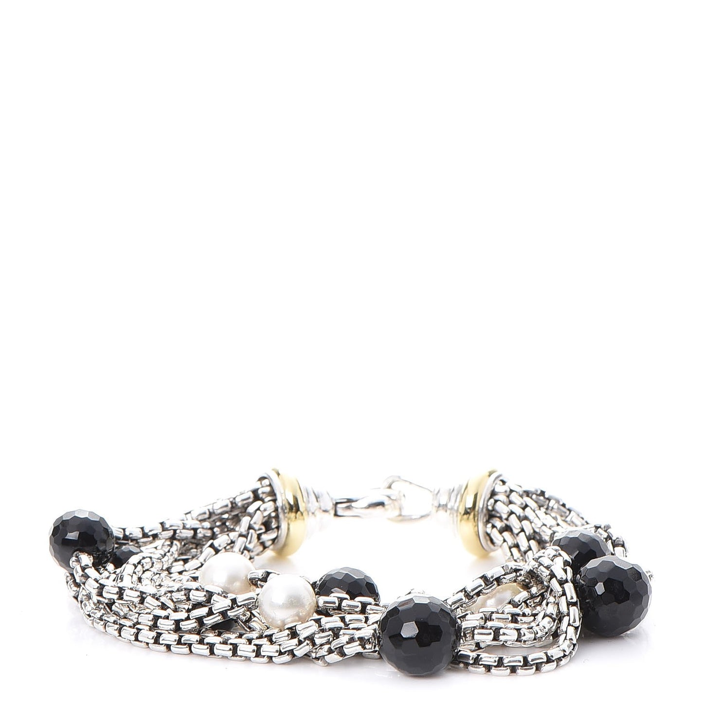 Sterling Silver 18K Yellow Gold Pearl Onyx Multi Strand Box Chain Bracelet