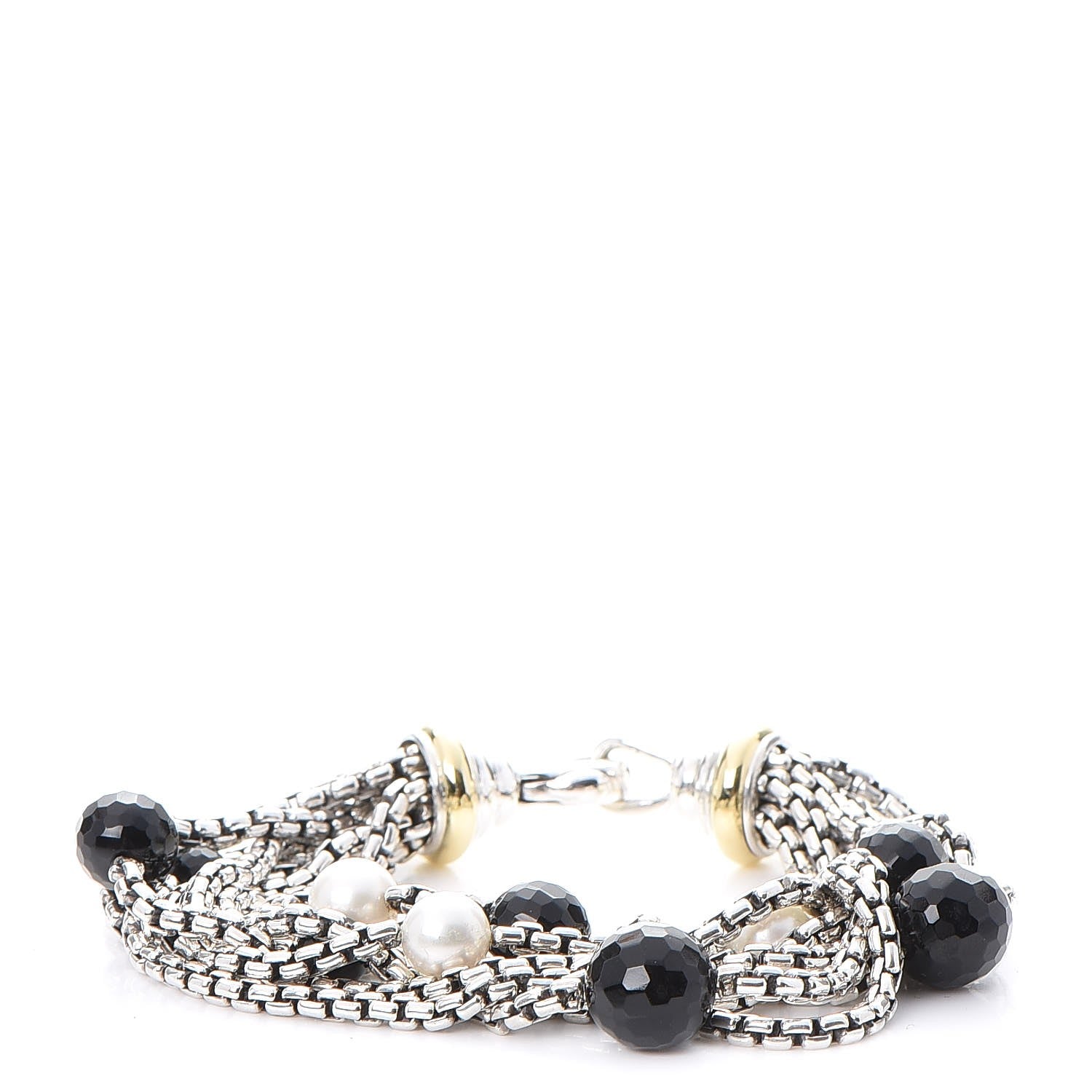 David Yurman Sterling Silver 18K Yellow Gold Pearl Onyx Multi Strand Box Chain Bracelet 1 of 5