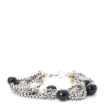 David Yurman Sterling Silver 18K Yellow Gold Pearl Onyx Multi Strand Box Chain Bracelet 1 of 5