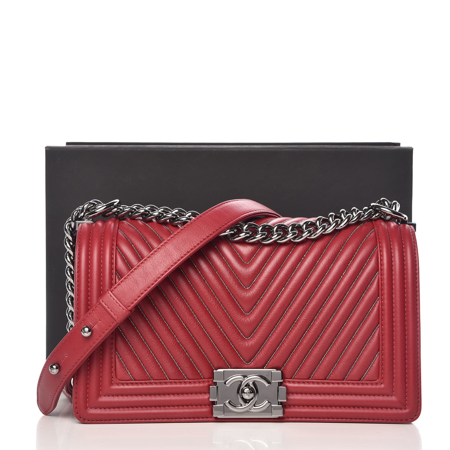 Calfskin Embroidered Chevron Medium Boy Flap Dark Red
