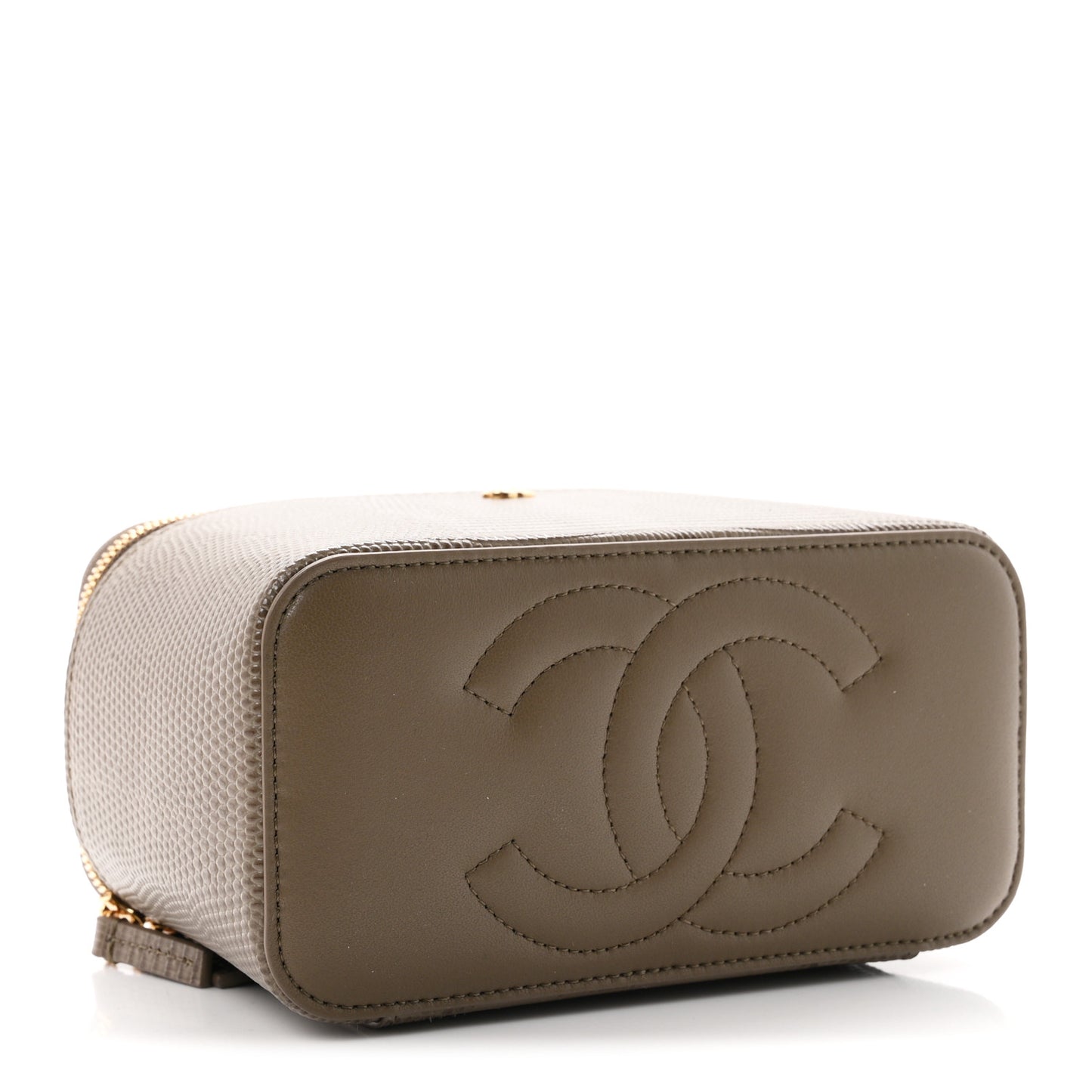 Calfskin Lizard Embossed Top Handle Vanity With Chain Dark Khaki