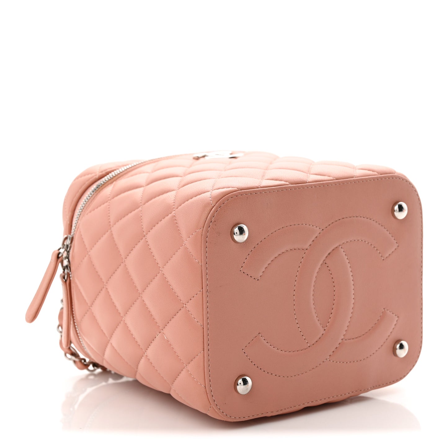 Lambskin Quilted Top Handle Vanity Case With Chain Light Pink