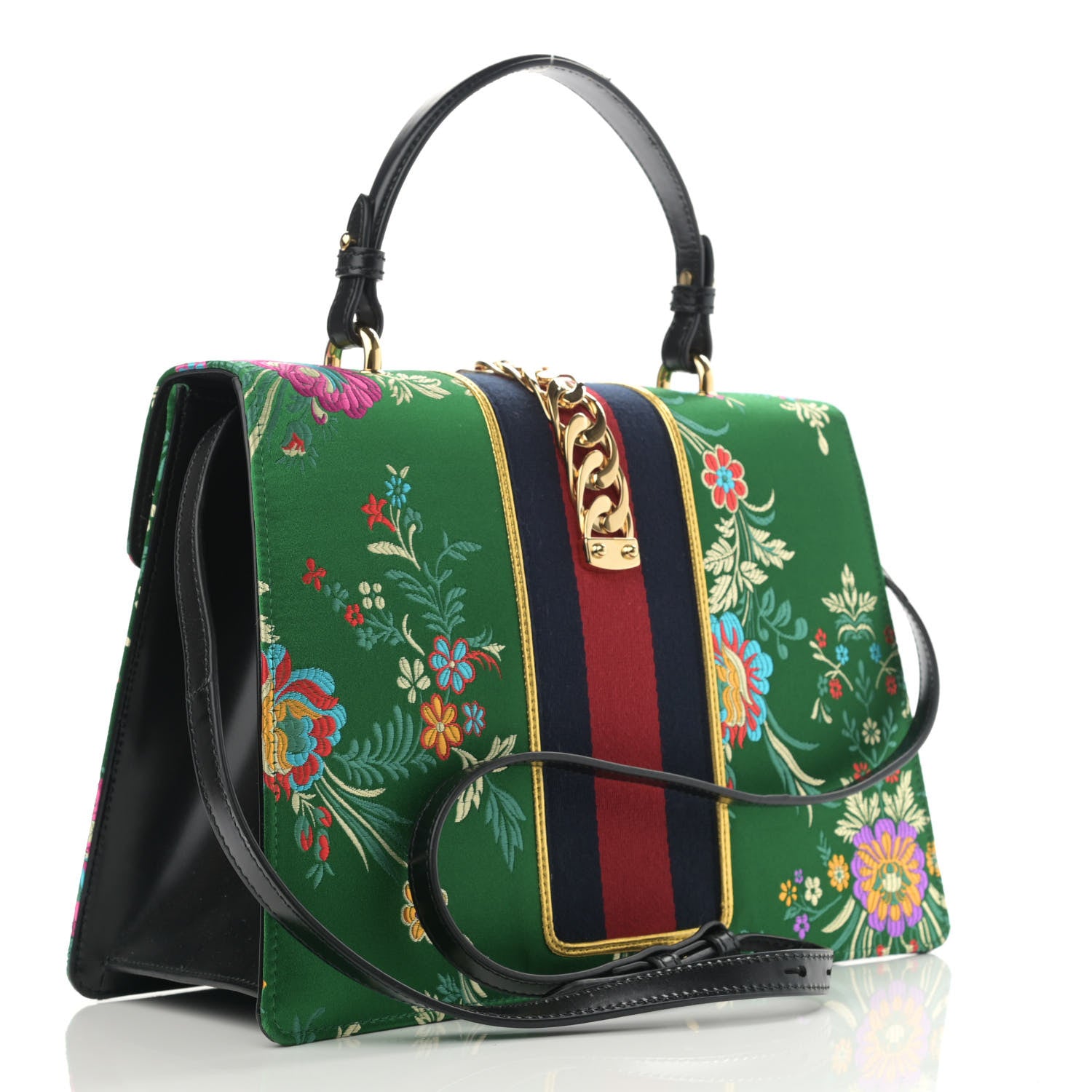 Gucci Jacquard Floral Medium Sylvie Top Handle Bag Green Multicolor Black 3 of 13