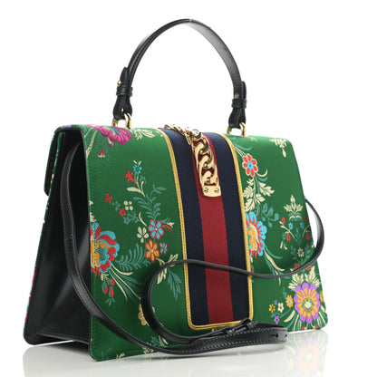 Gucci Jacquard Floral Medium Sylvie Top Handle Bag Green Multicolor Black 3 of 13