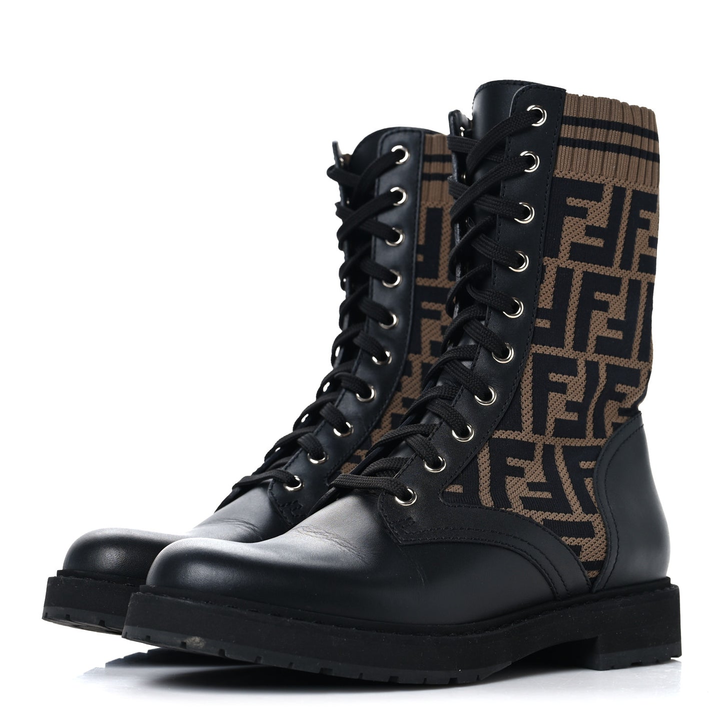 Calfskin Stretch Fabric FF Rockoko Biker Boots 37.5 Black Tobacco