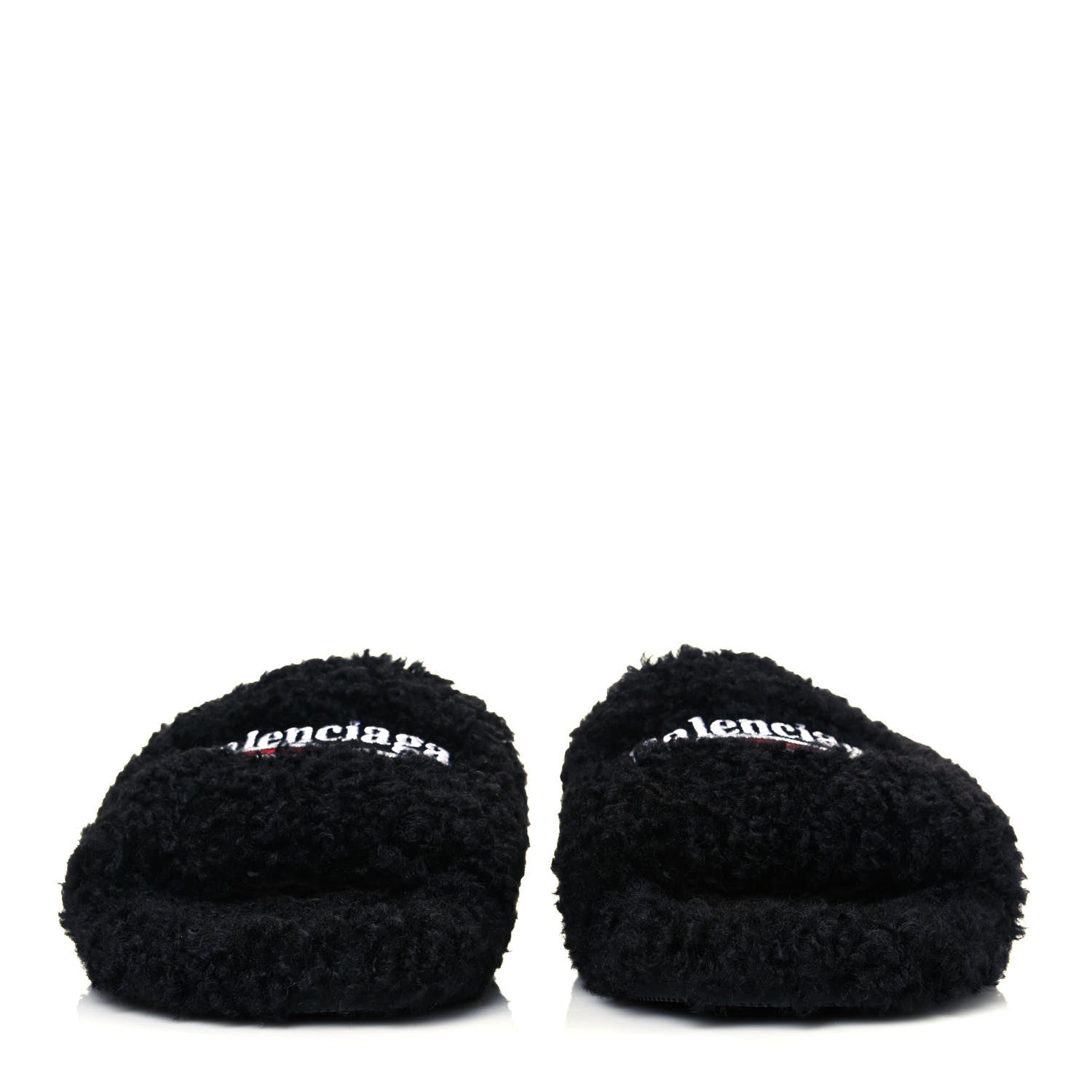 Balenciaga Faux Shearling Political Campaign Logo Slide Sandals 40 Black White Red 2 of 5
