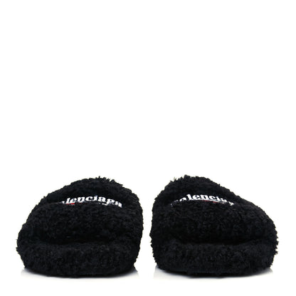 Balenciaga Faux Shearling Political Campaign Logo Slide Sandals 40 Black White Red 2 of 5