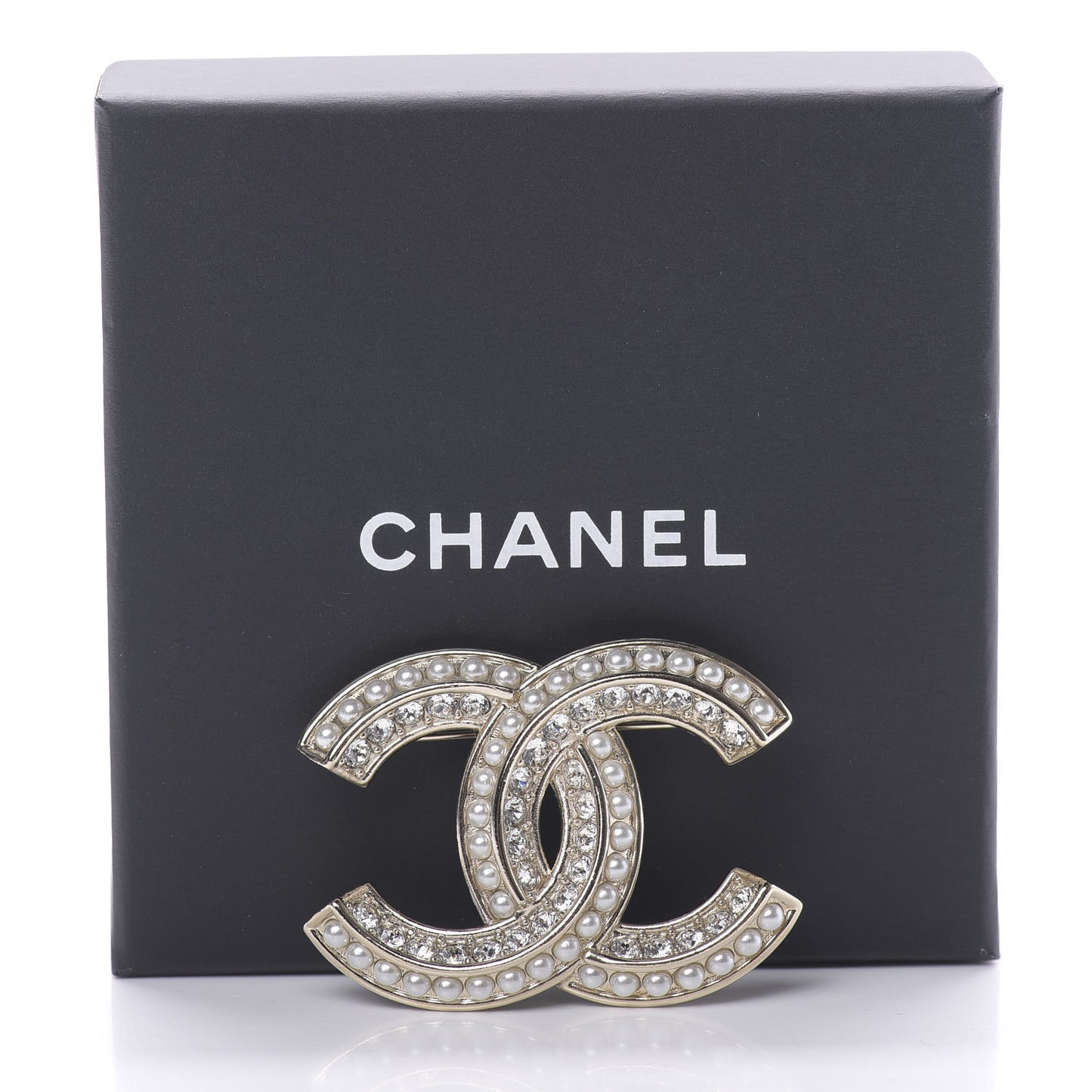 Crystal Pearl Chain Mania CC Brooch Gold