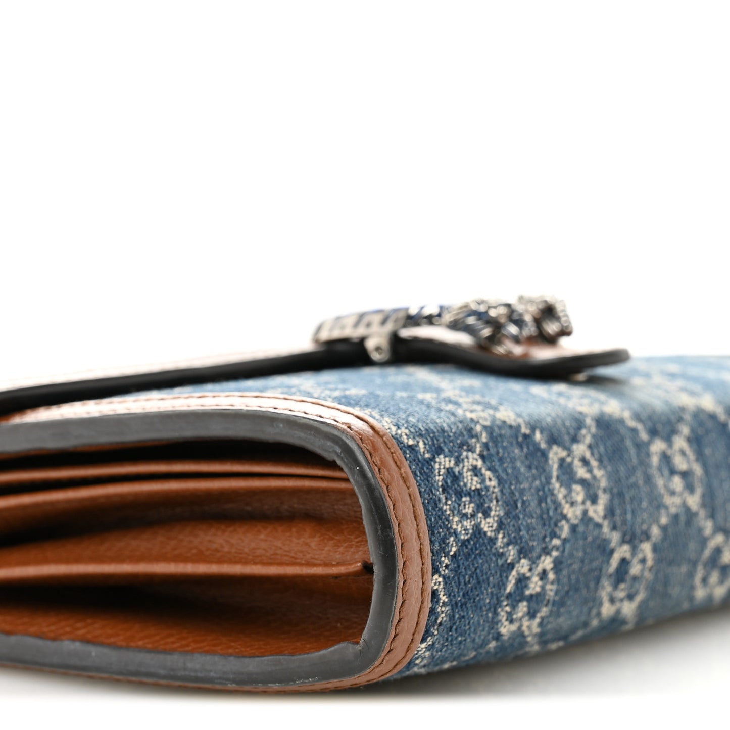 New Denim GG Monogram Dollar Calfskin Enamel Mini Dionysus Chain Wallet Blue Tea Cuir Epilog Electric Blue