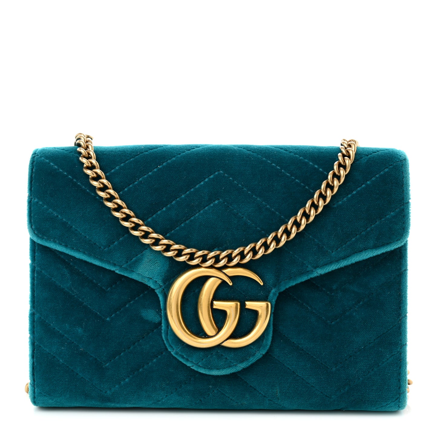 Velvet Matelasse GG Marmont Chain Wallet Pavone Cyan